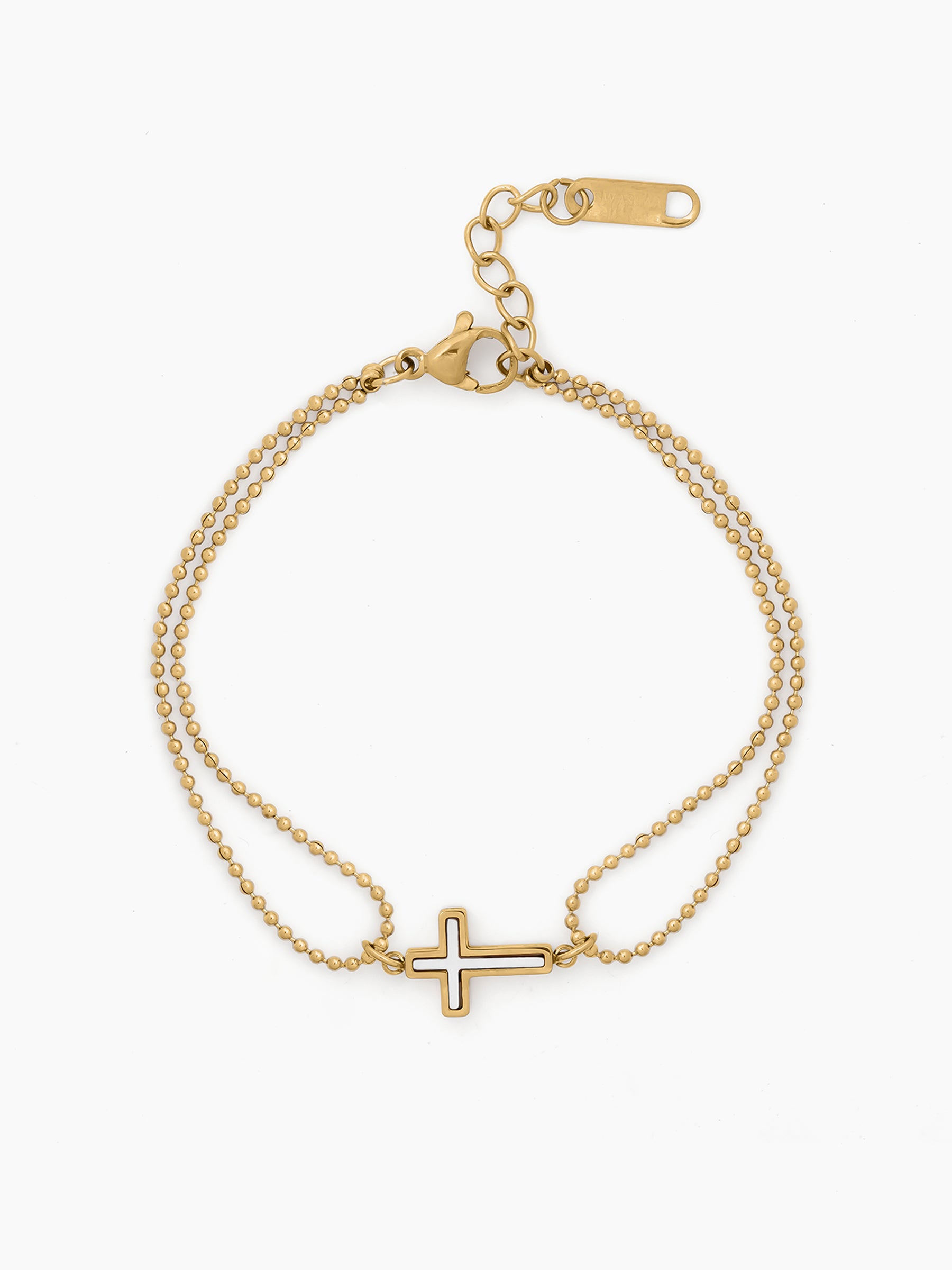 Monira Cross Charm 18K Gold Plated Beaded Women's Loose Layered Double Chain Bracelet