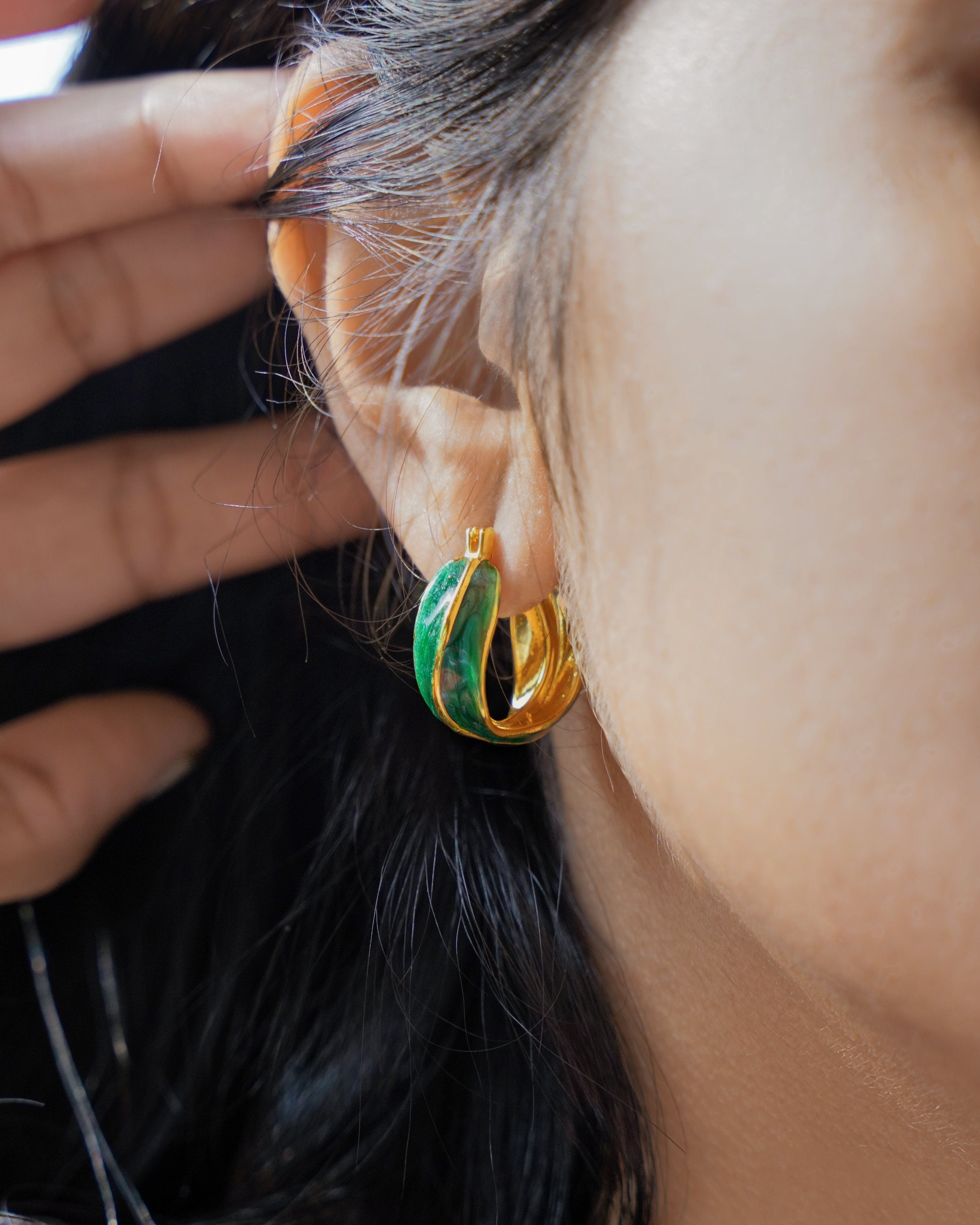 Moringa Green Stone 18K Gold Plated Hoop Earrings