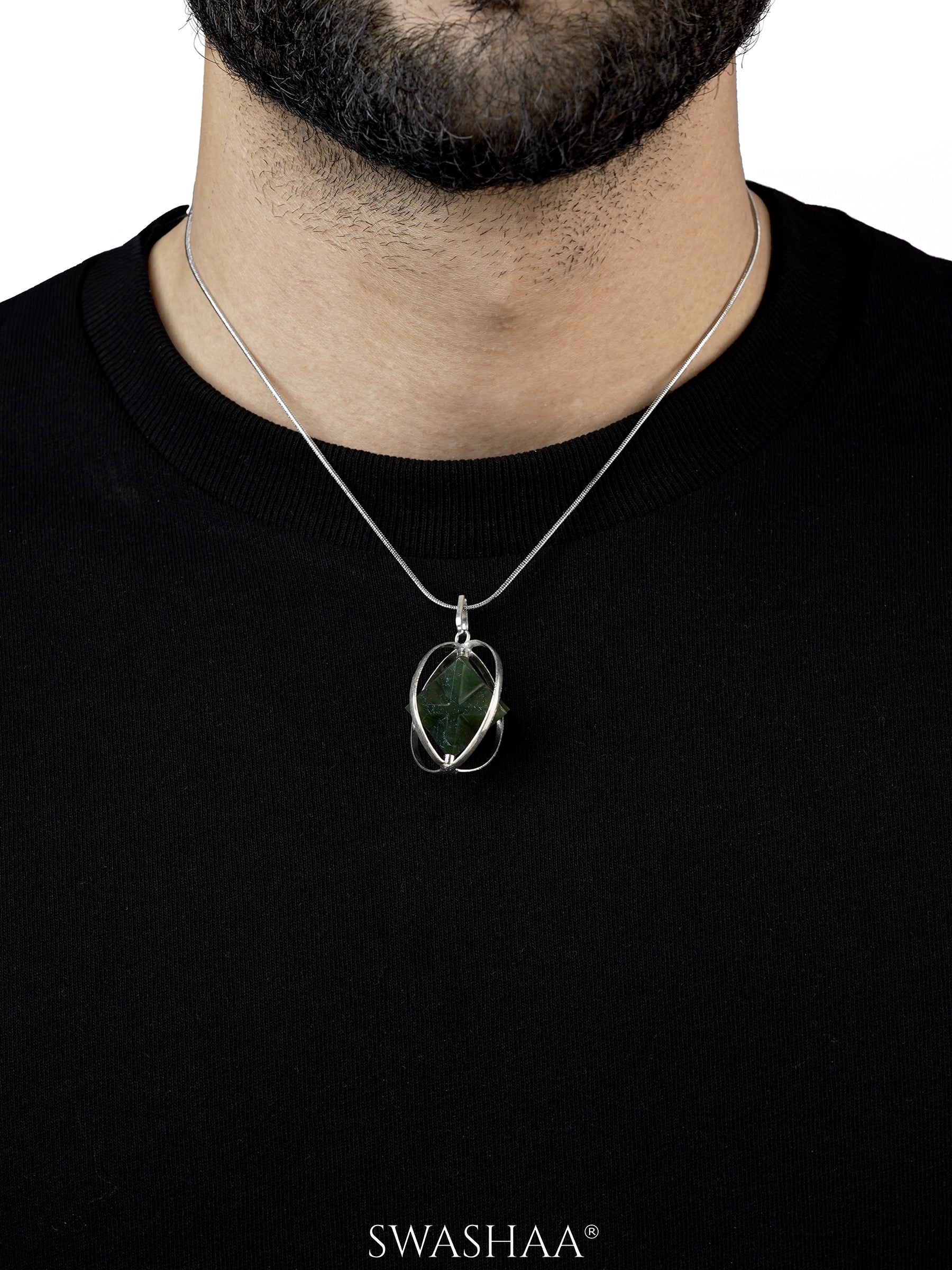 Moss Agate Star Silver Men's Chain Pendant | Natural Stone