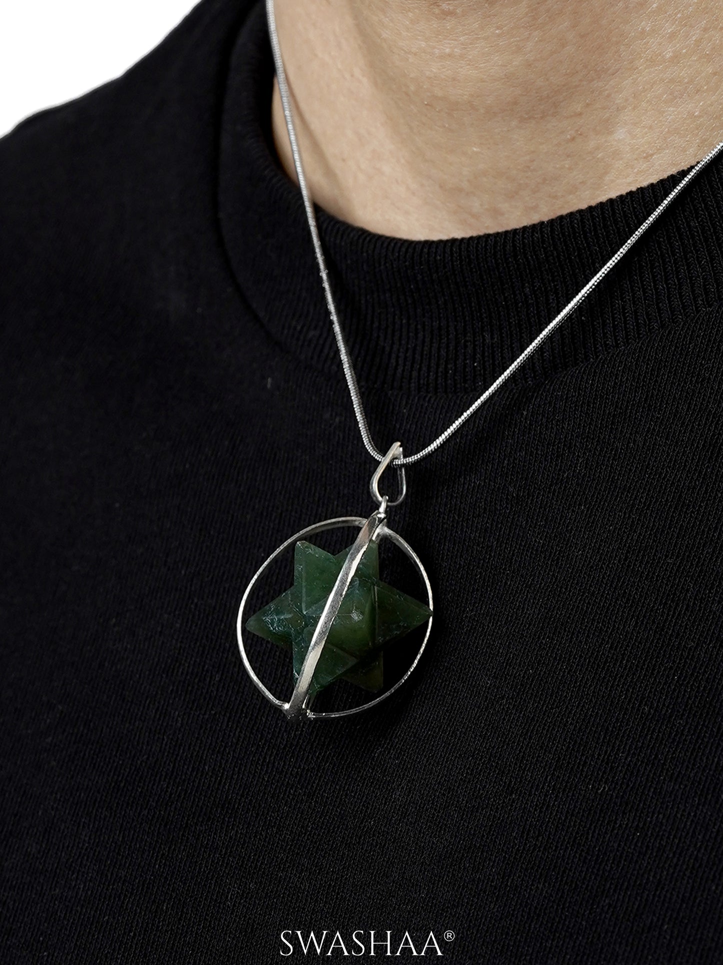 Moss Agate Star Men's Chain Pendant | Natural Stone