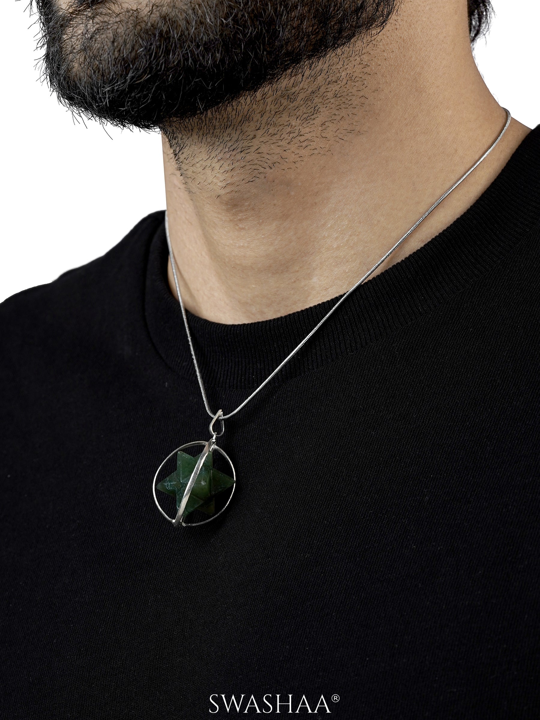 Moss Agate Star Silver Men's Chain Pendant | Natural Stone