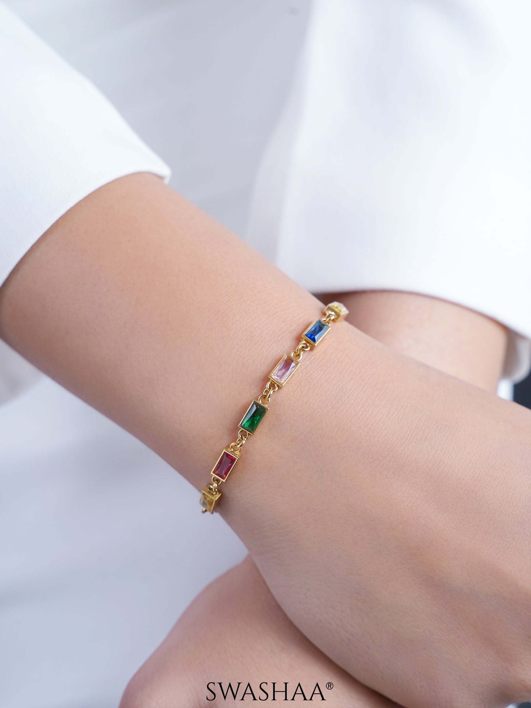 Multi Stone Baguette Stone Women's Link Chain Loose Bracelet