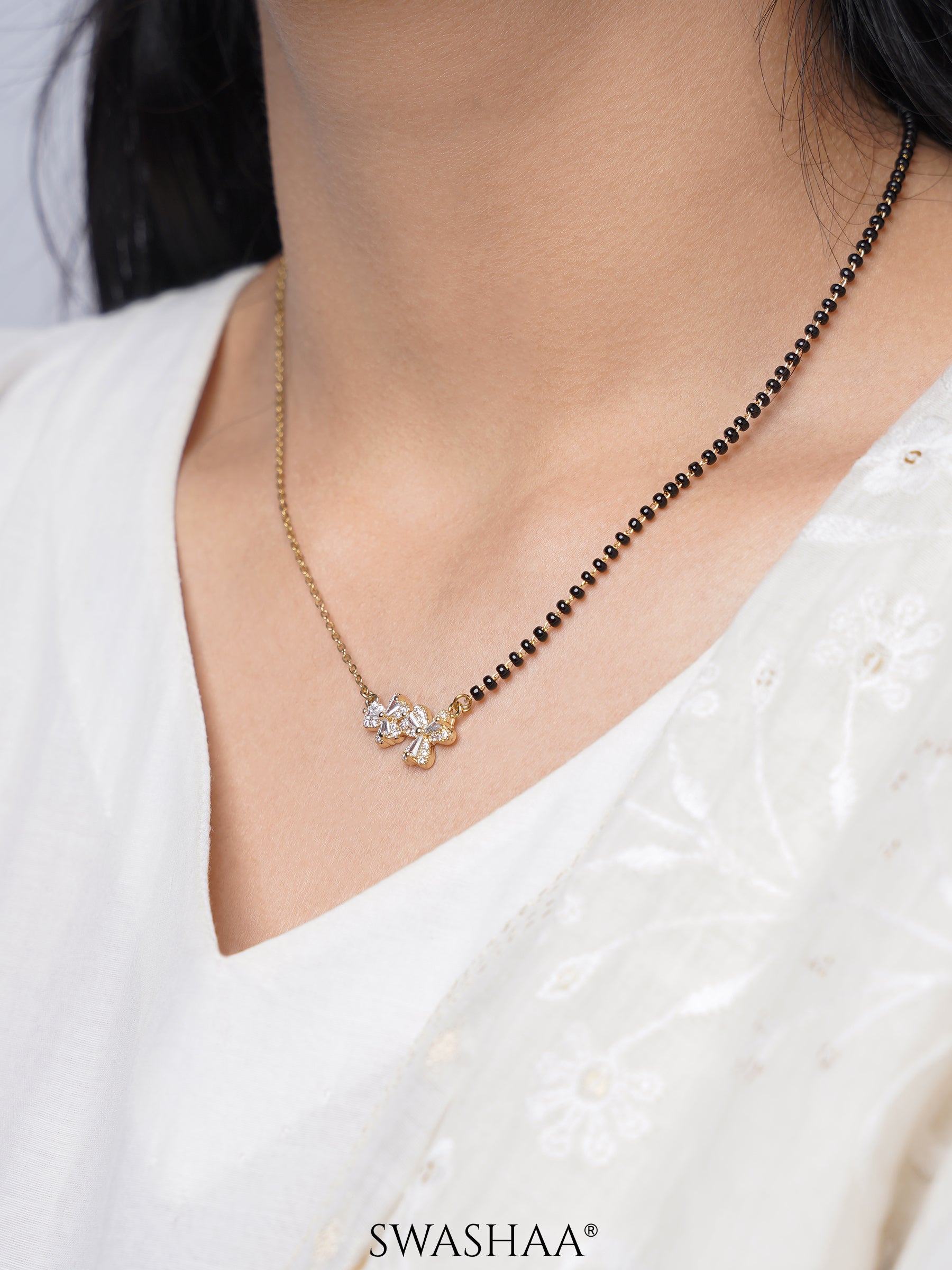 Myra Heart Flower Diamond Motifs 18K Gold Plated Mangalsutra