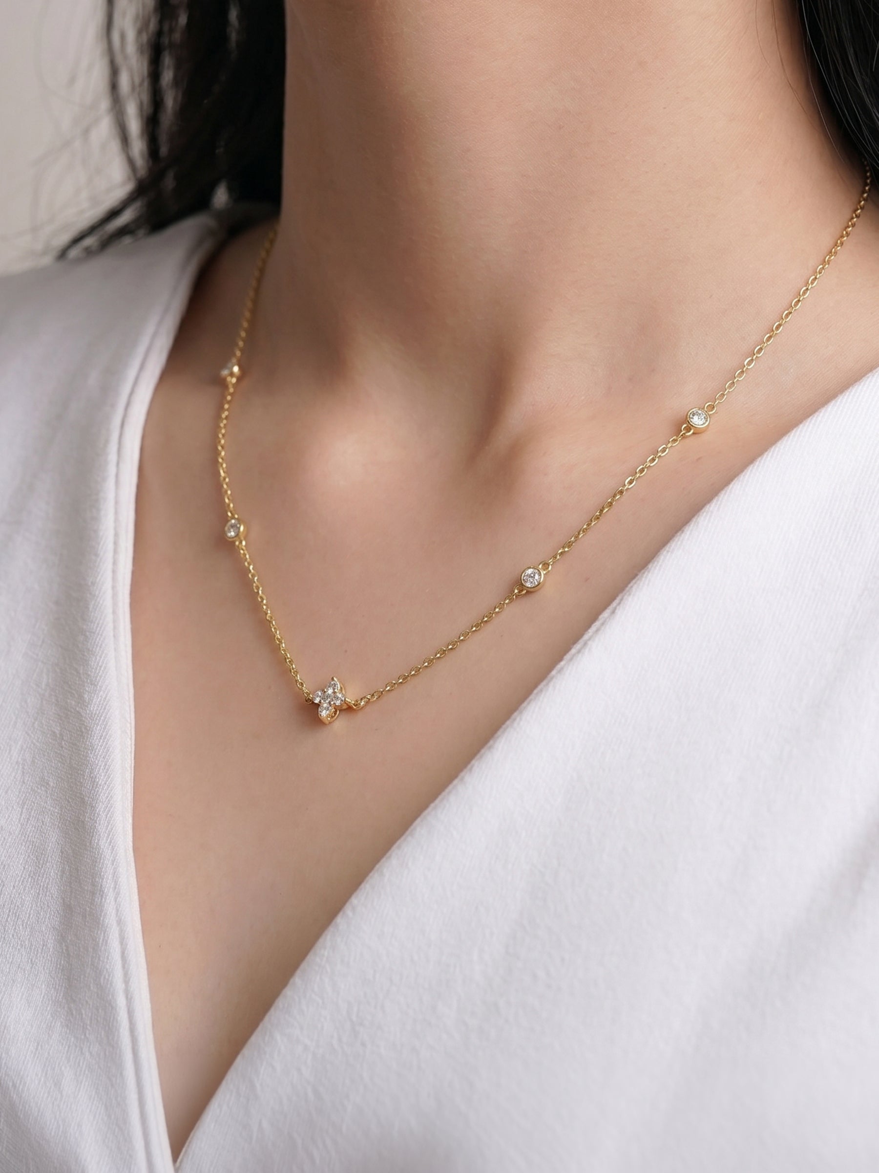 Naira Diamond Clover 18K Gold Plated Women's Chain Pendant Necklace