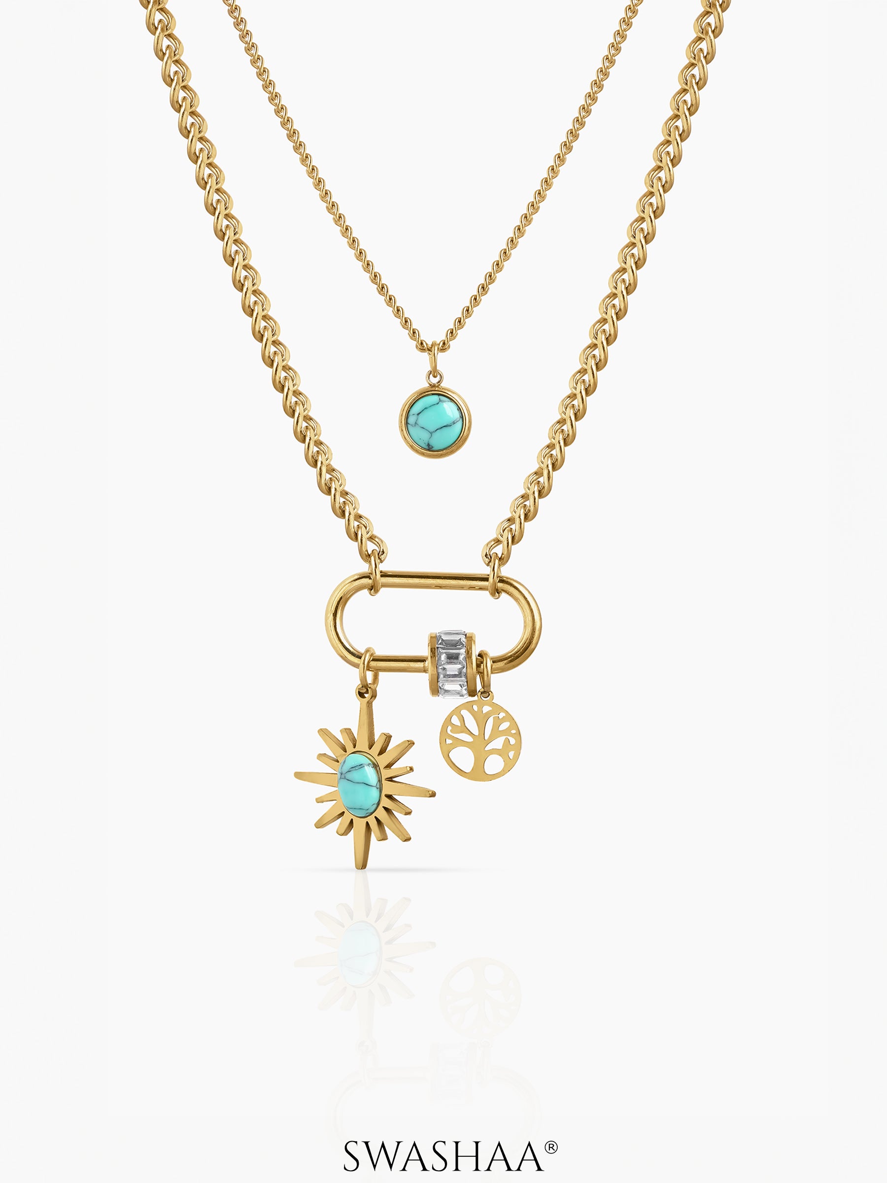 Nara Turquoise Sunburn Charms 18K Gold Plated Layered Necklace