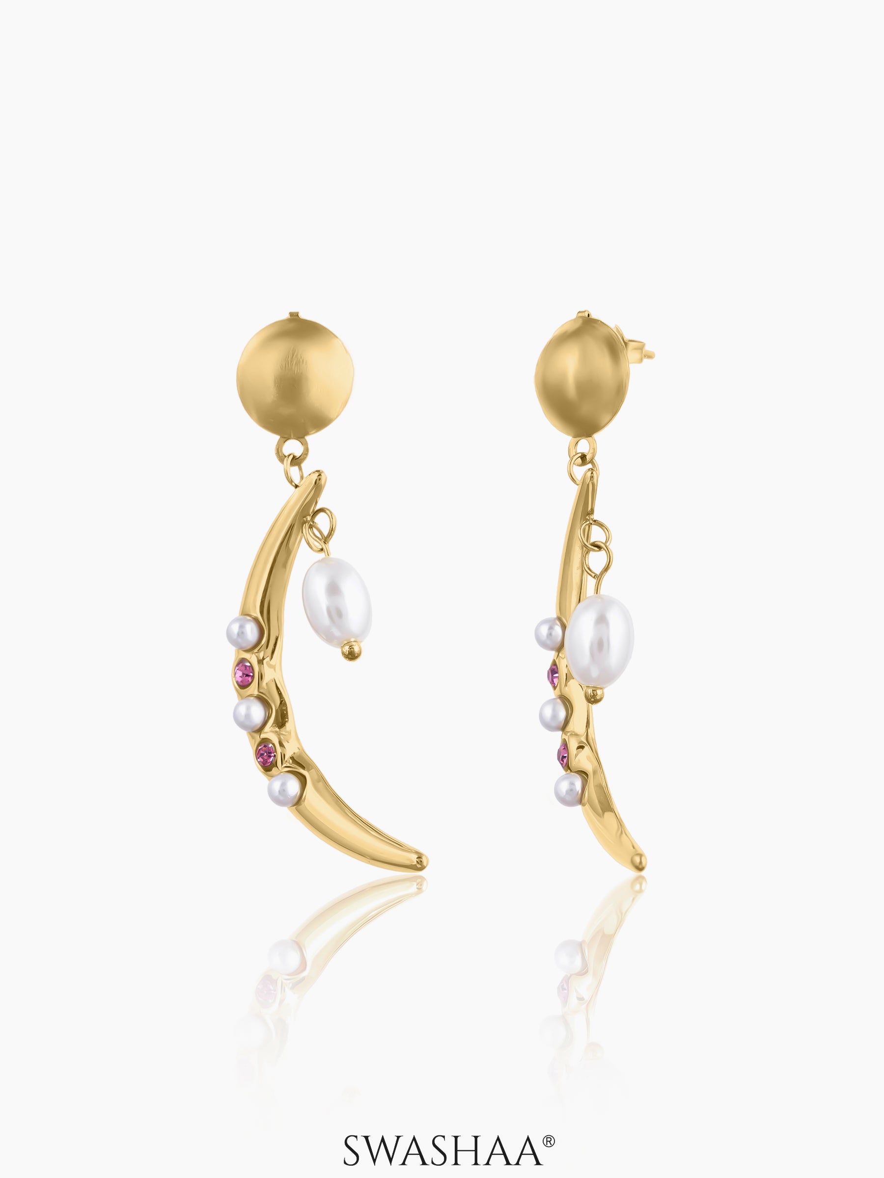 Nash Crescent Pearls Pink Stones Dangling Oval Drop 18K Gold Plated Drop Earrings