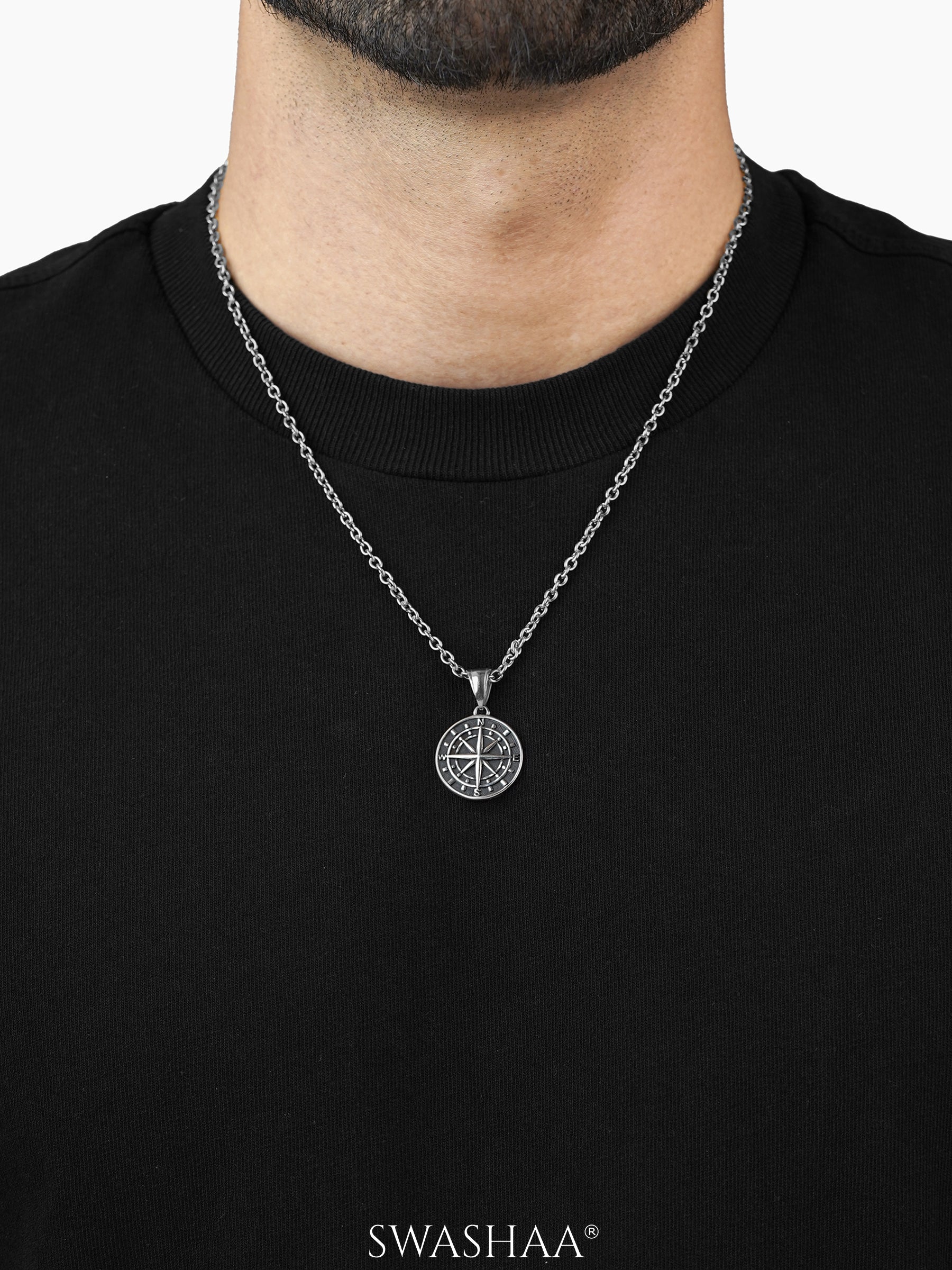 Navir Trail Compass Silver Men's Chain Pendant