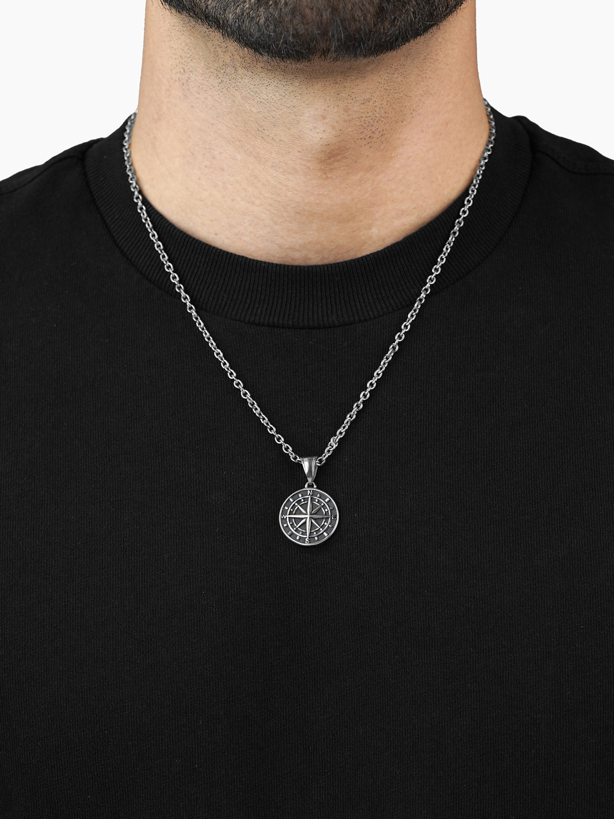 Navir Trail Compass Silver Men's Chain Pendant