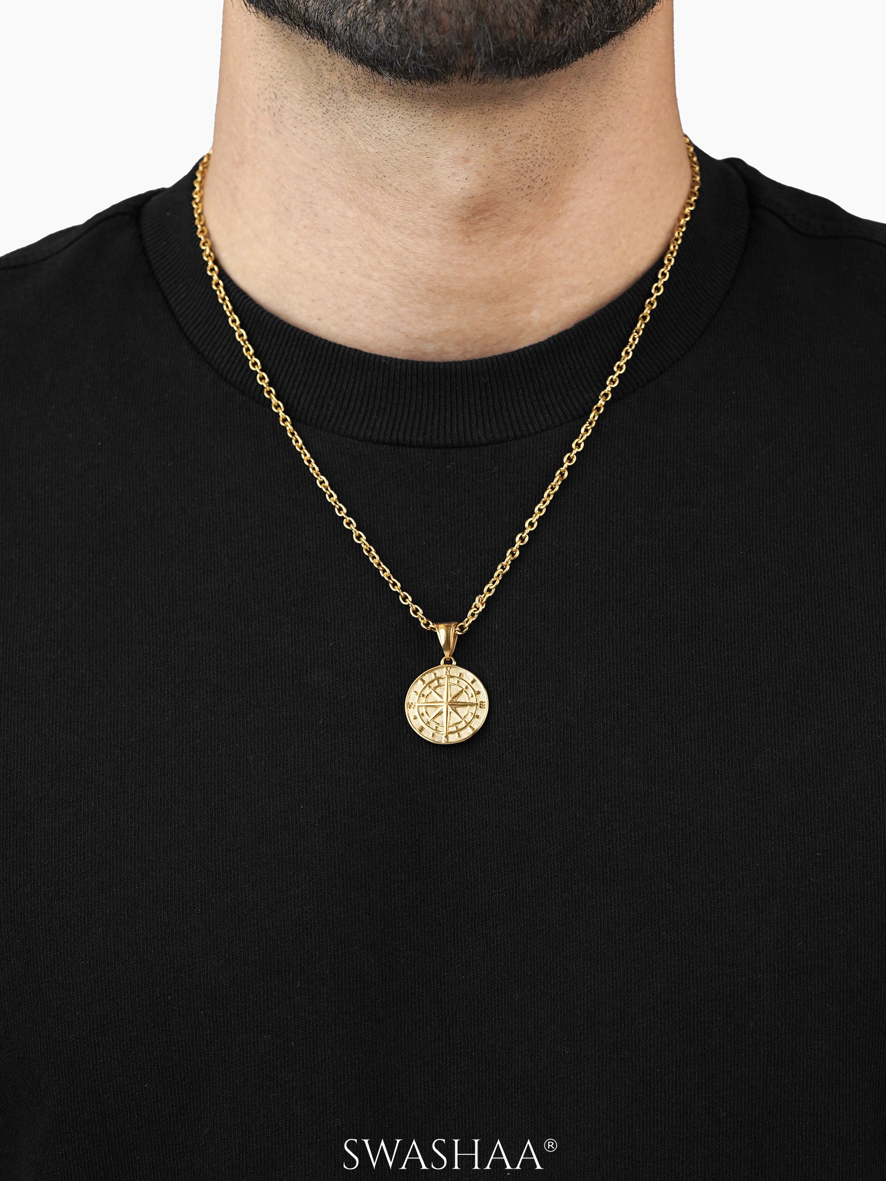 Navir Trail Compass 18K Gold Plated Men's Chain Pendant