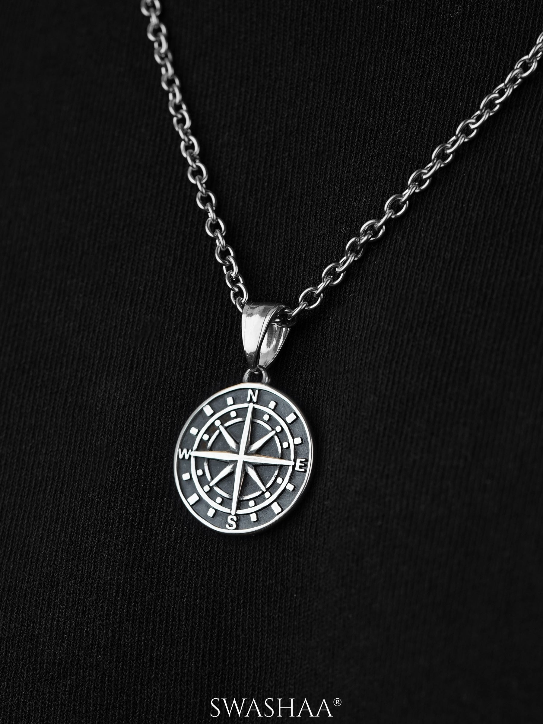 Navir Trail Compass Silver Men's Chain Pendant