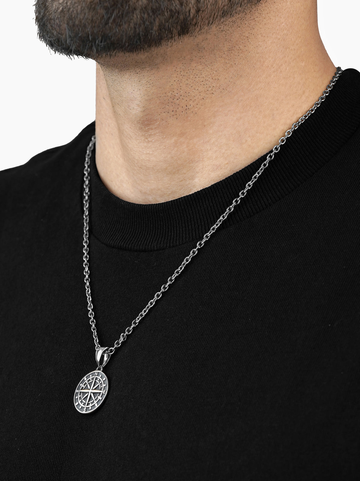 Navir Trail Compass Silver Men's Chain Pendant