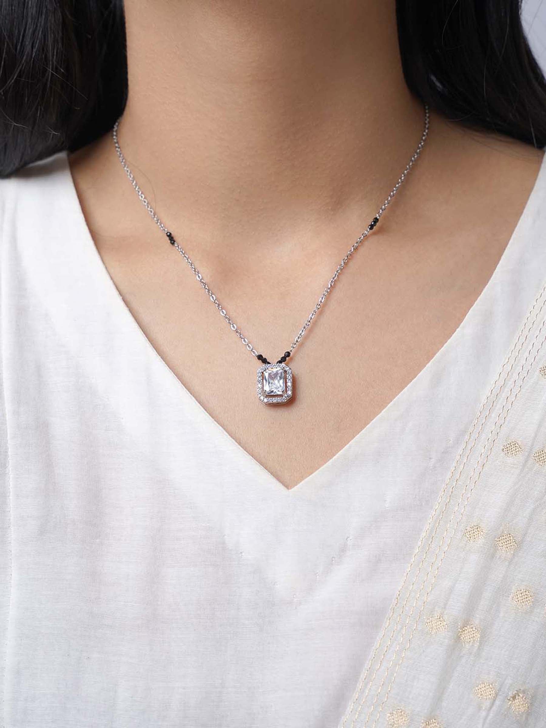 Nayaa Diamond Solitaire Silver Pendant Mangalsutra