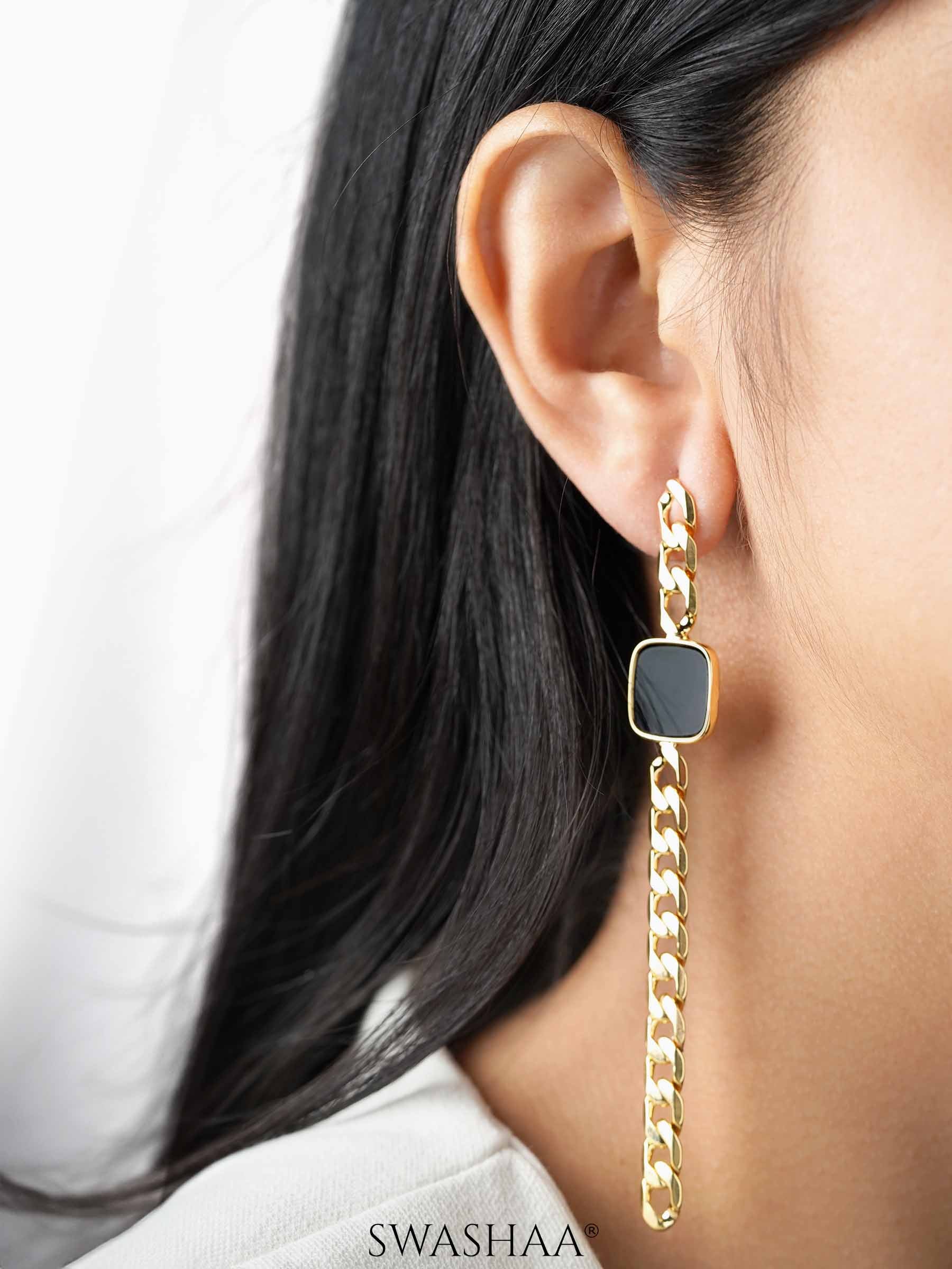Nichole Bold Black Stone 18K Gold Plated Chain Drop Dangling Earrings