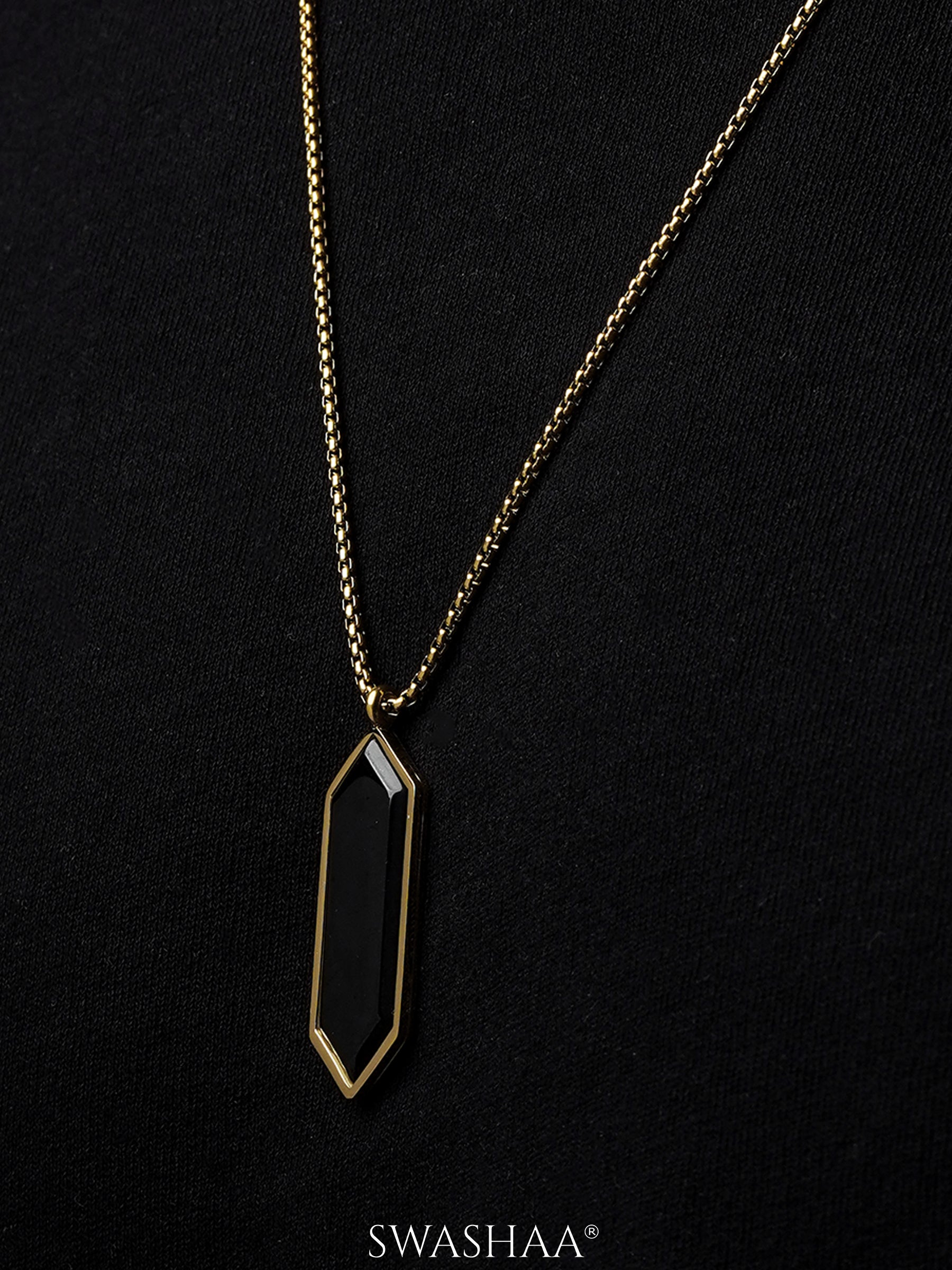 Noble Geometric Black Stone 18K Gold Plated Men's Chain Pendant