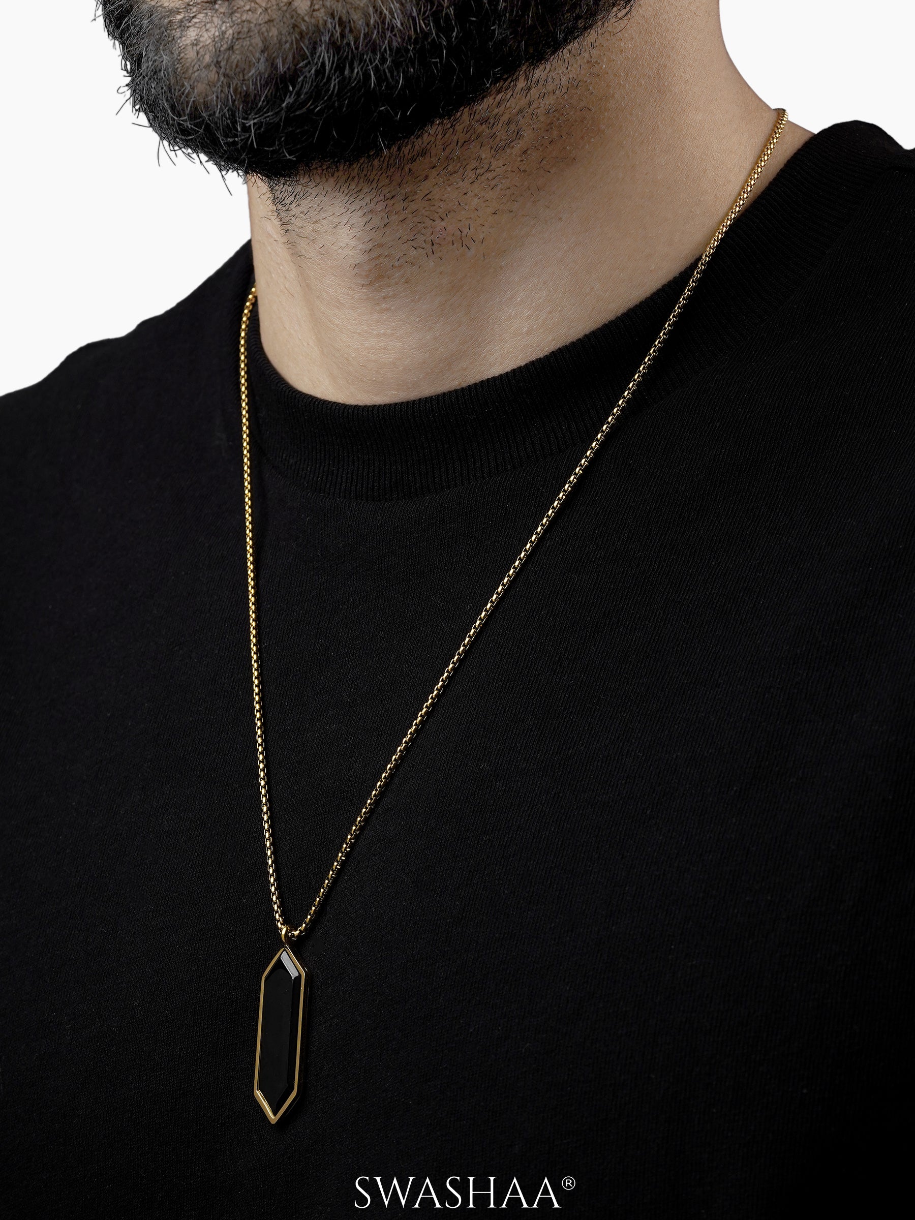 Noble Geometric Black Stone 18K Gold Plated Men's Chain Pendant