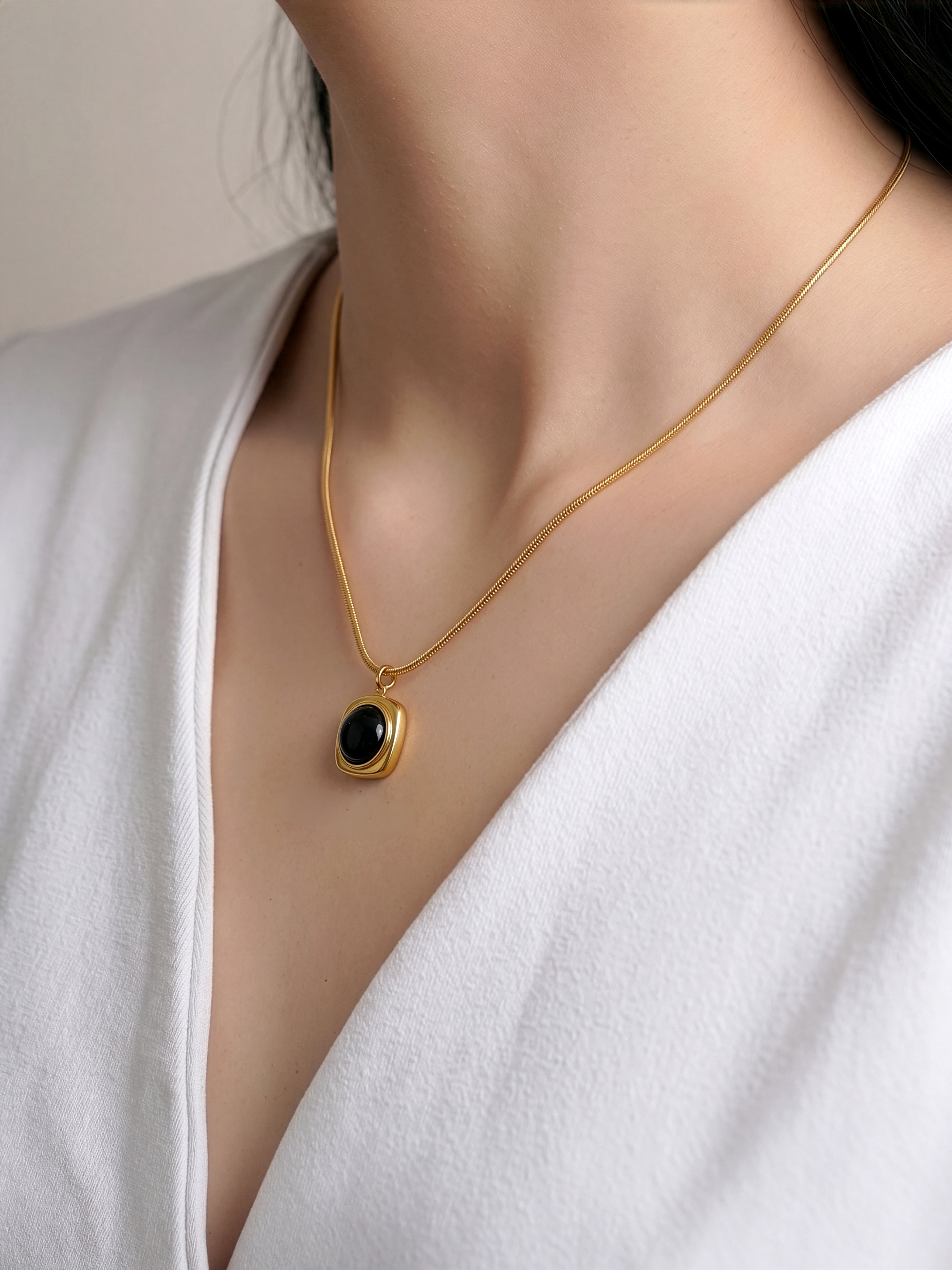 Noir Black Halo Textured Pendant Black Stone Center On a Sleek Chain Pendant Women's Necklace