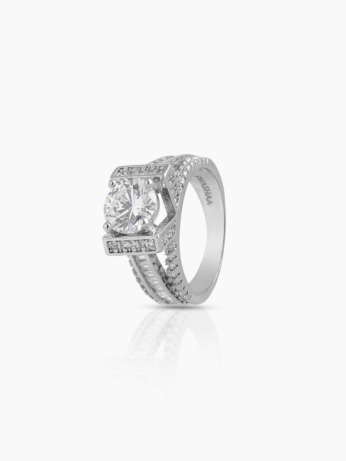 Noor Round Square-Cut Silver Diamond Solitaire Women's Ring