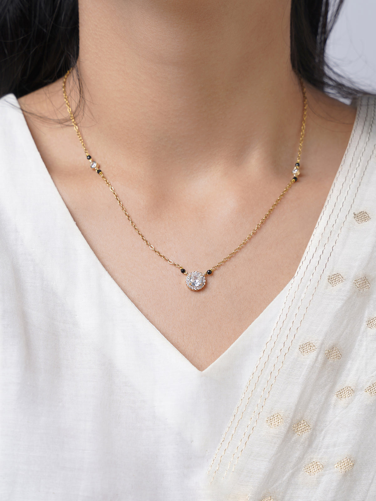 Nyra Solitaire 18K Gold Plated Mangalsutra Jewelry Set Of 2 - Necklace & Earrings - Swashaa