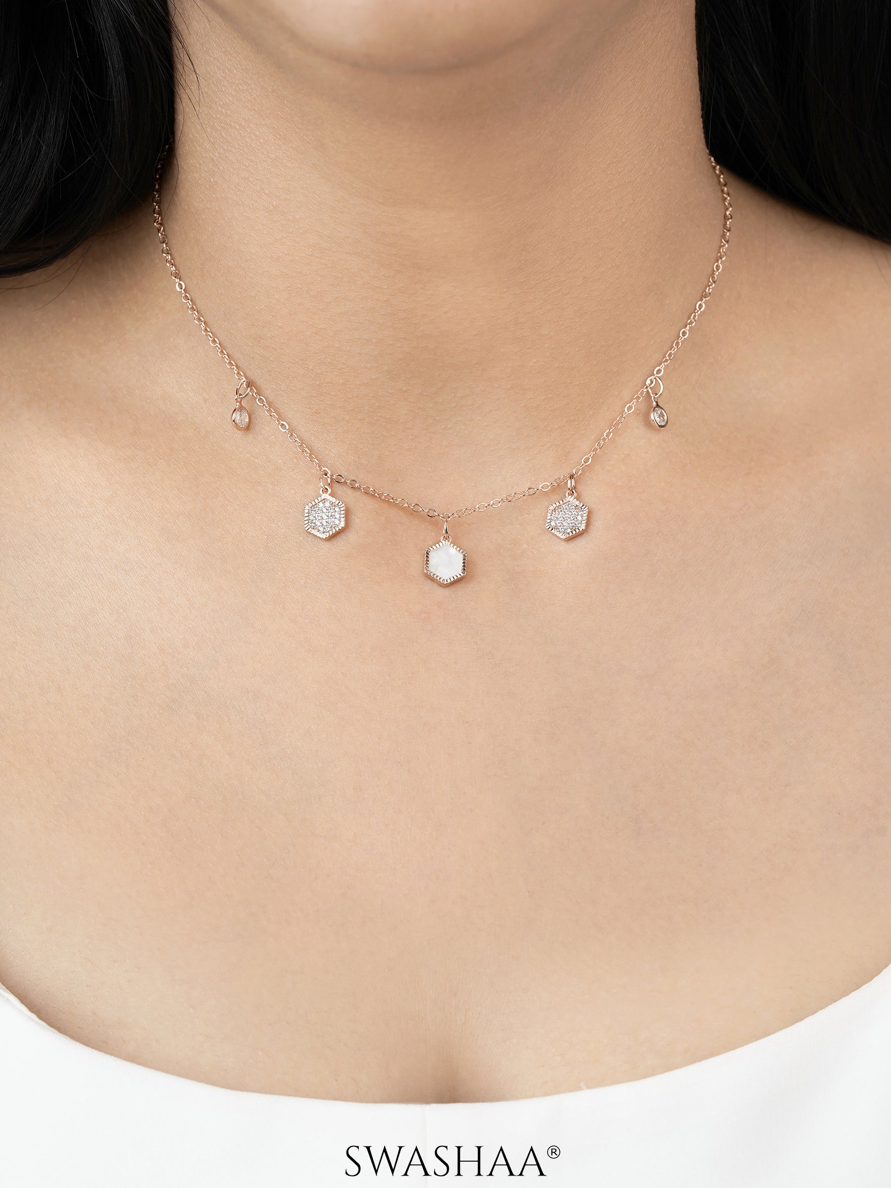 Oadira Pearl Hexagon Charms Rosegold Plated Choker Necklace