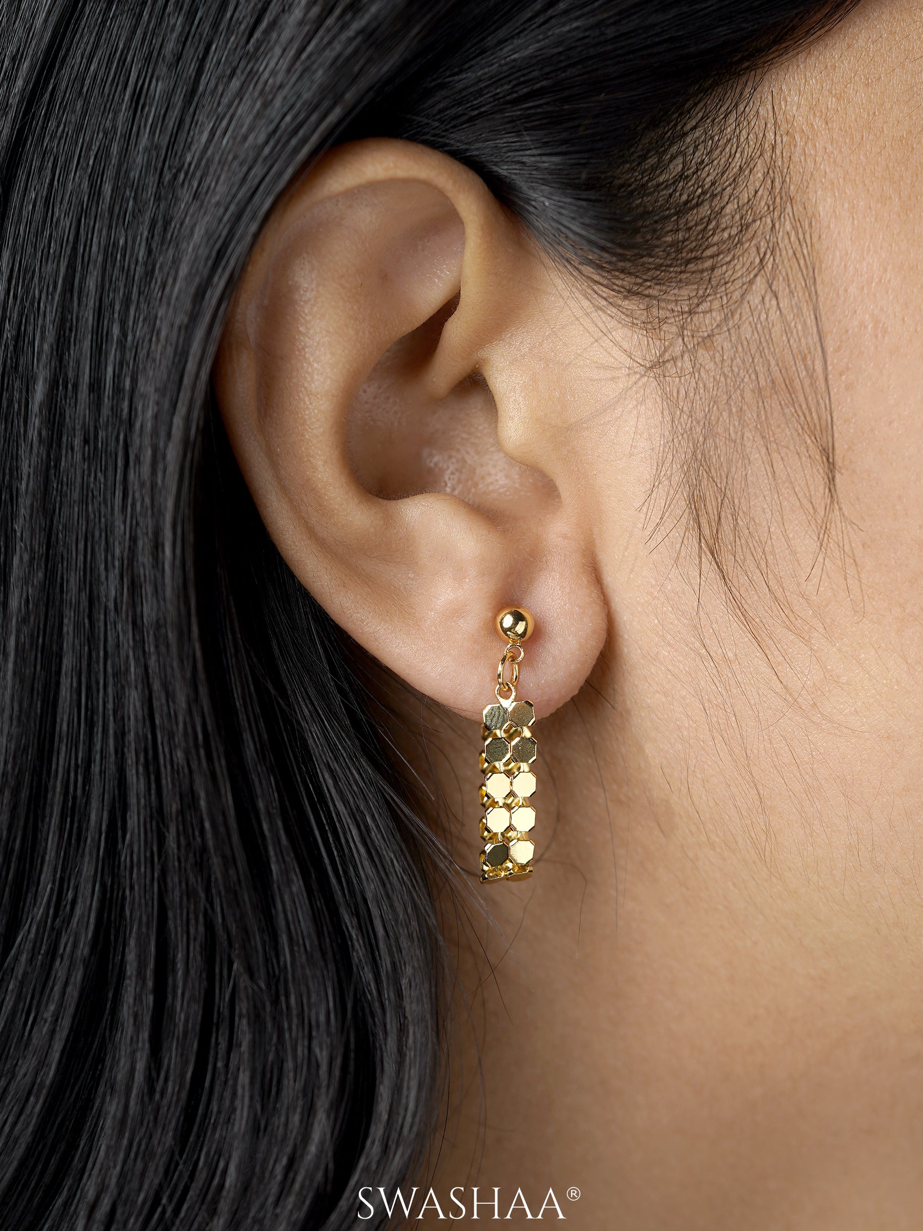 Olena Hexagonal Dangle Link 18K Gold Plated Hoop Earrings