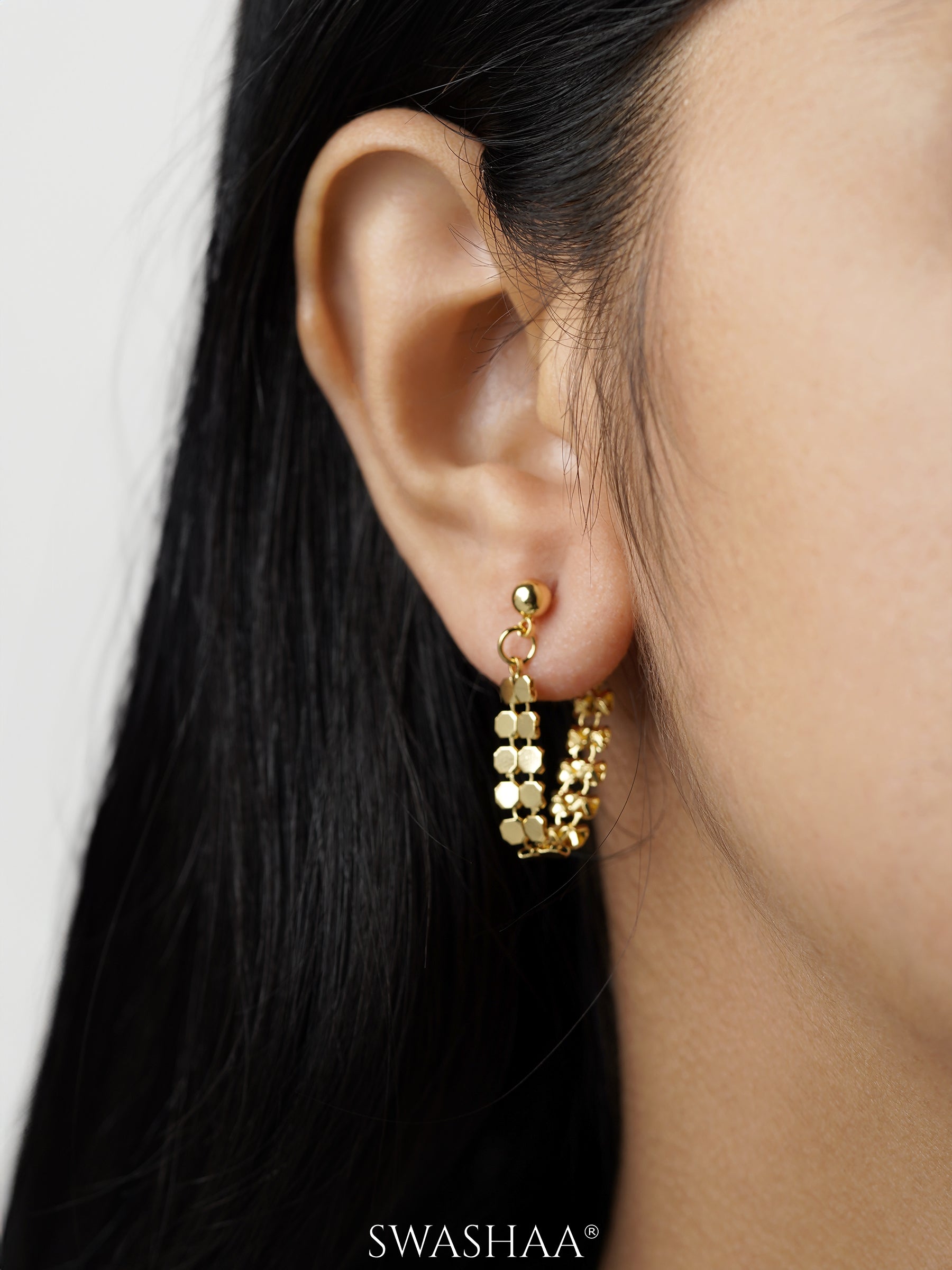 Olena Hexagonal Dangle Link 18K Gold Plated Hoop Earrings