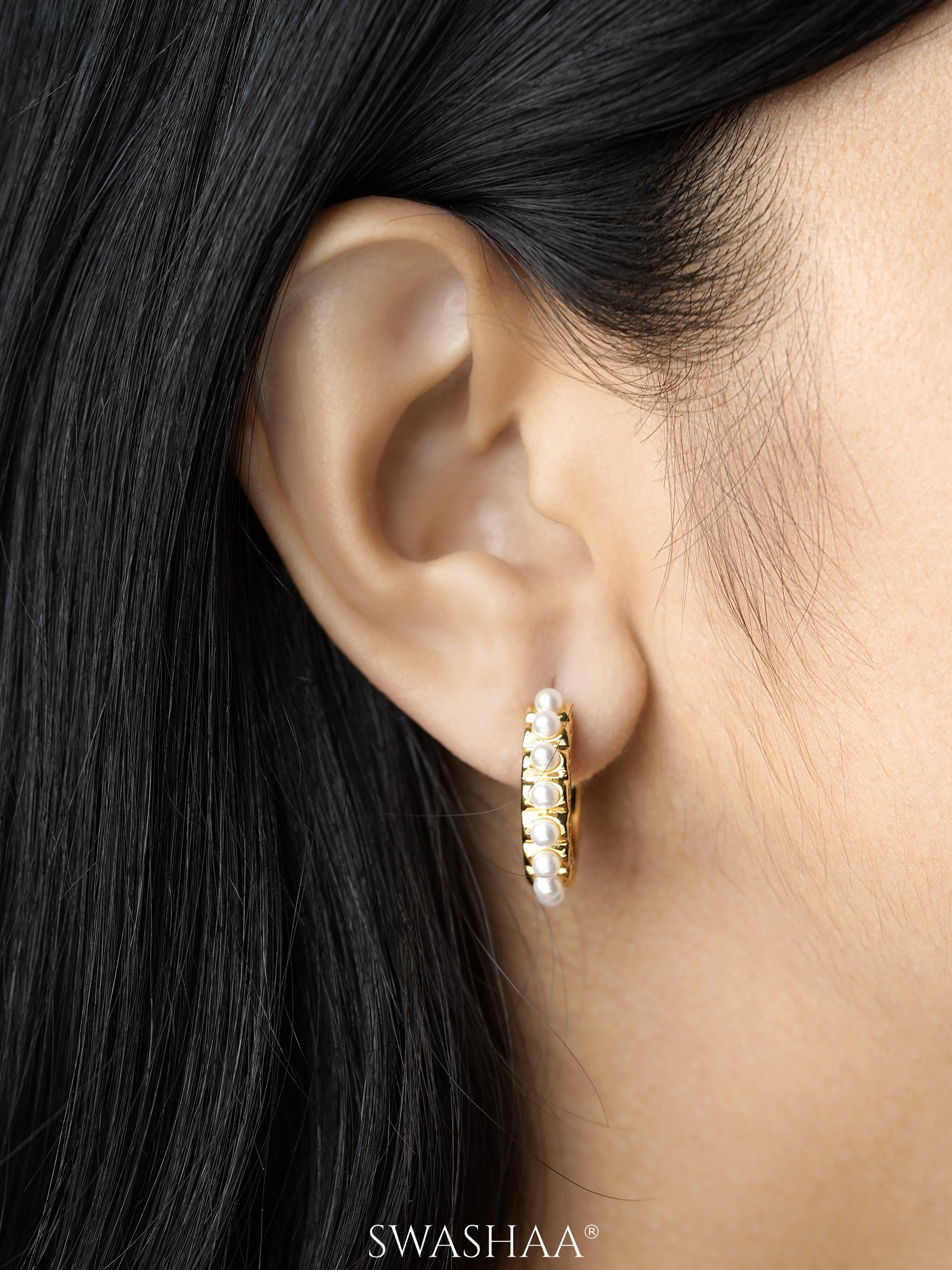 Olga Dainty White Pearl 18K Gold Plated Half Hoop Earrings