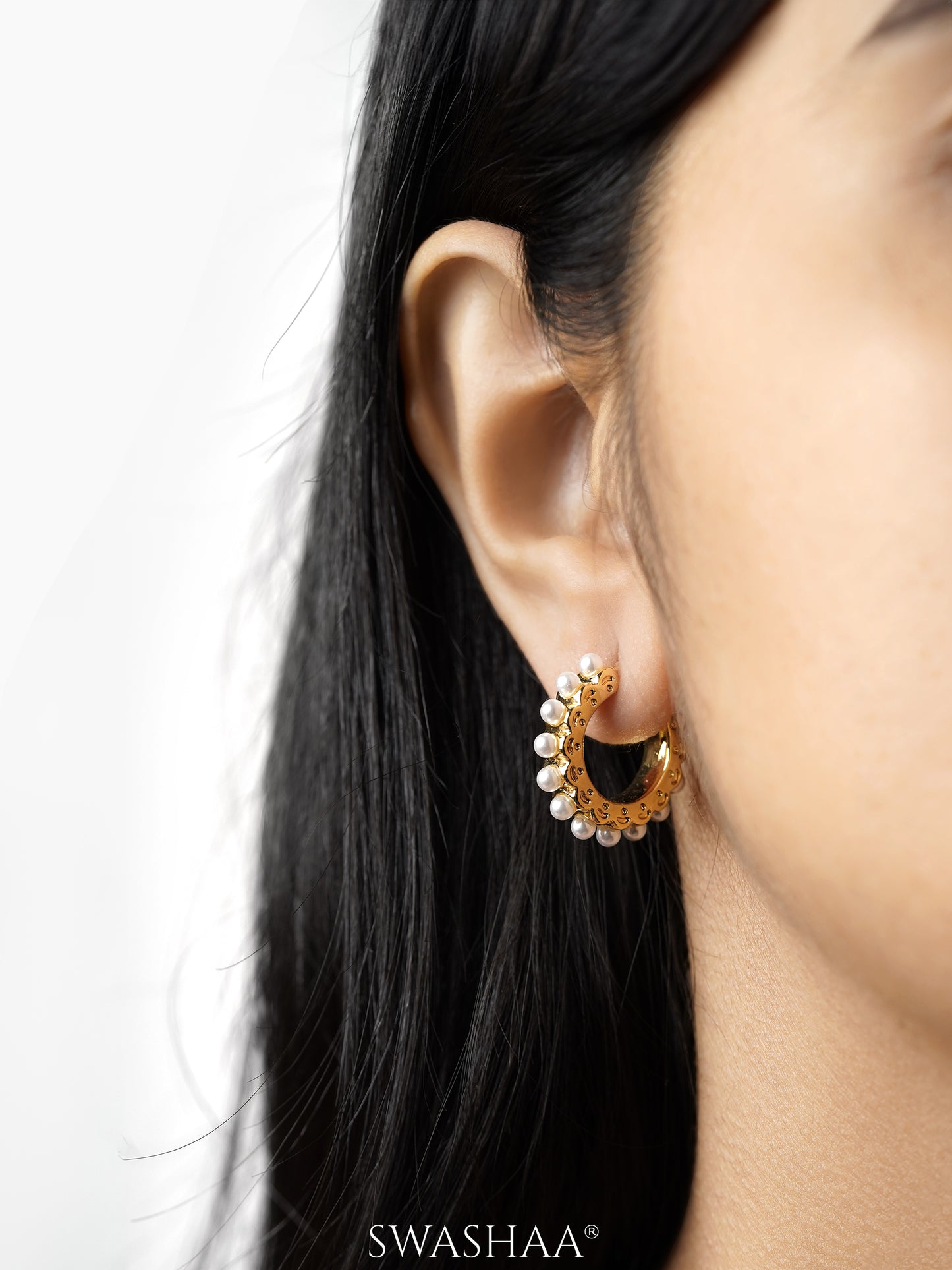 Olga Dainty White Pearl 18K Gold Plated Half Hoop Earrings