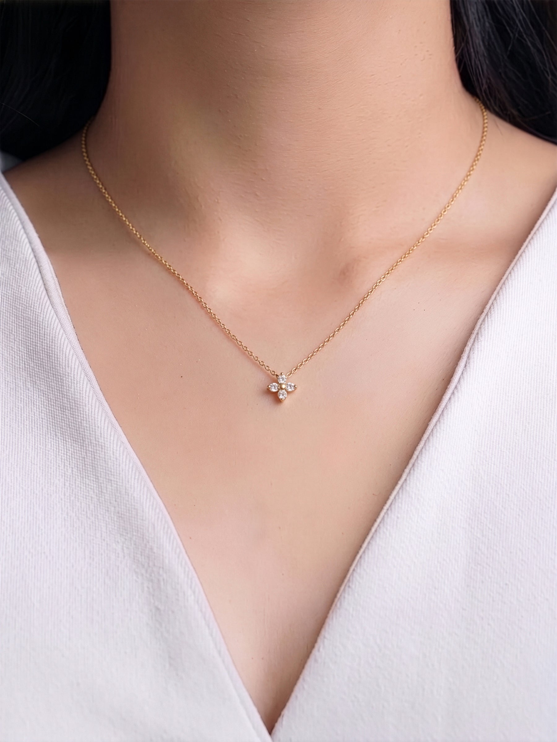 Olivra Floral Diamond Solitaire Charm 14K Gold Plated Women's Chain Pendant Necklace
