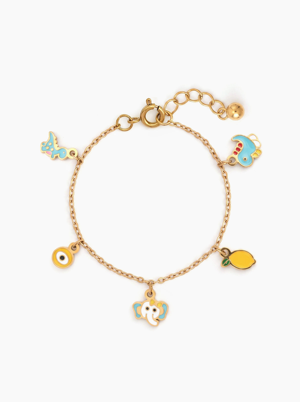 Ollie Dino Dinosaur,Lemon,Elephant,Evil
Eye Charms 18K Gold Plated Kid's Bracelets