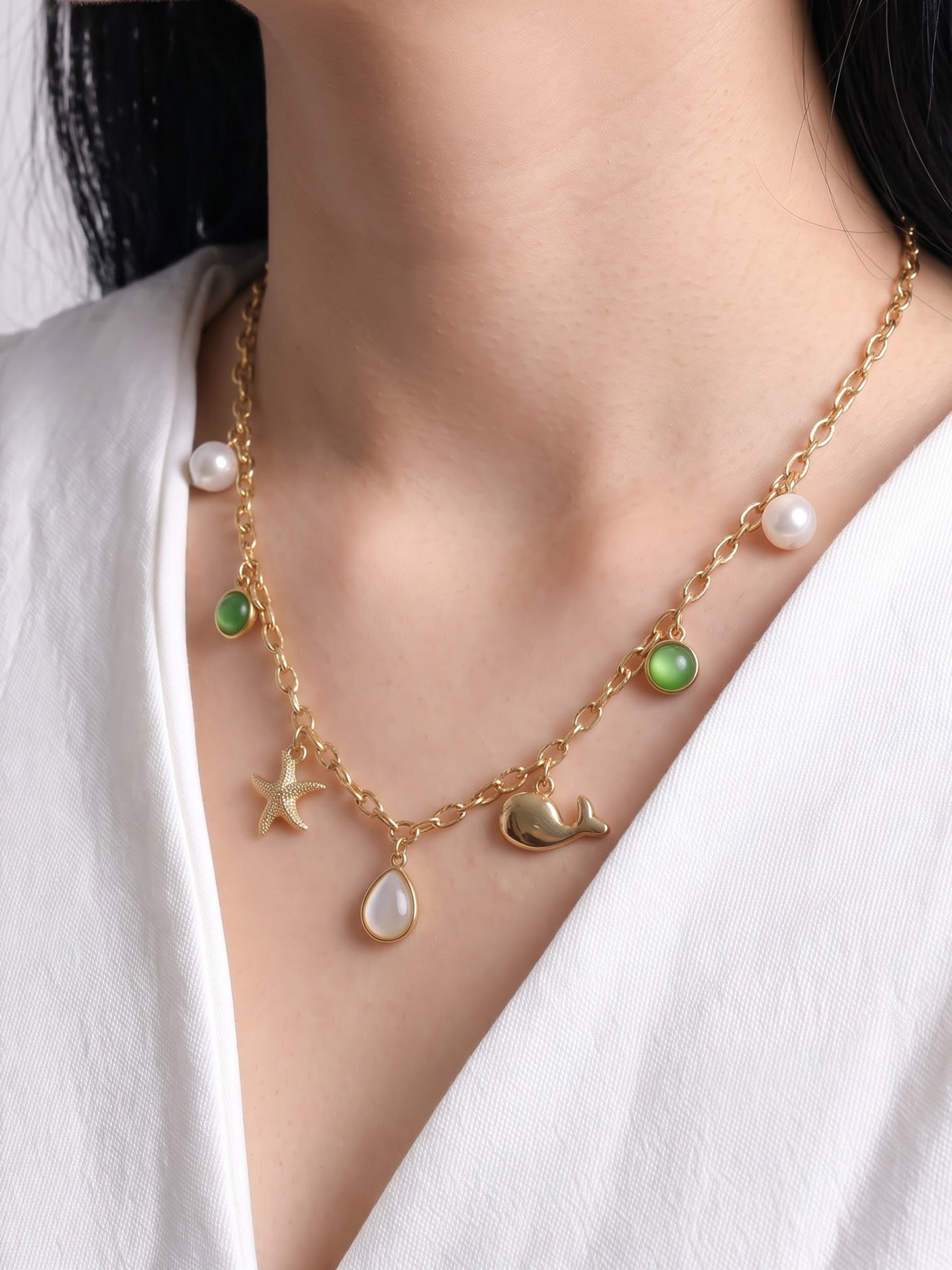 Ondine Ocean Star Fish Green Stone Fish Pearl Drop Charm 18K Gold Plated Women's Chain Pendant Necklace