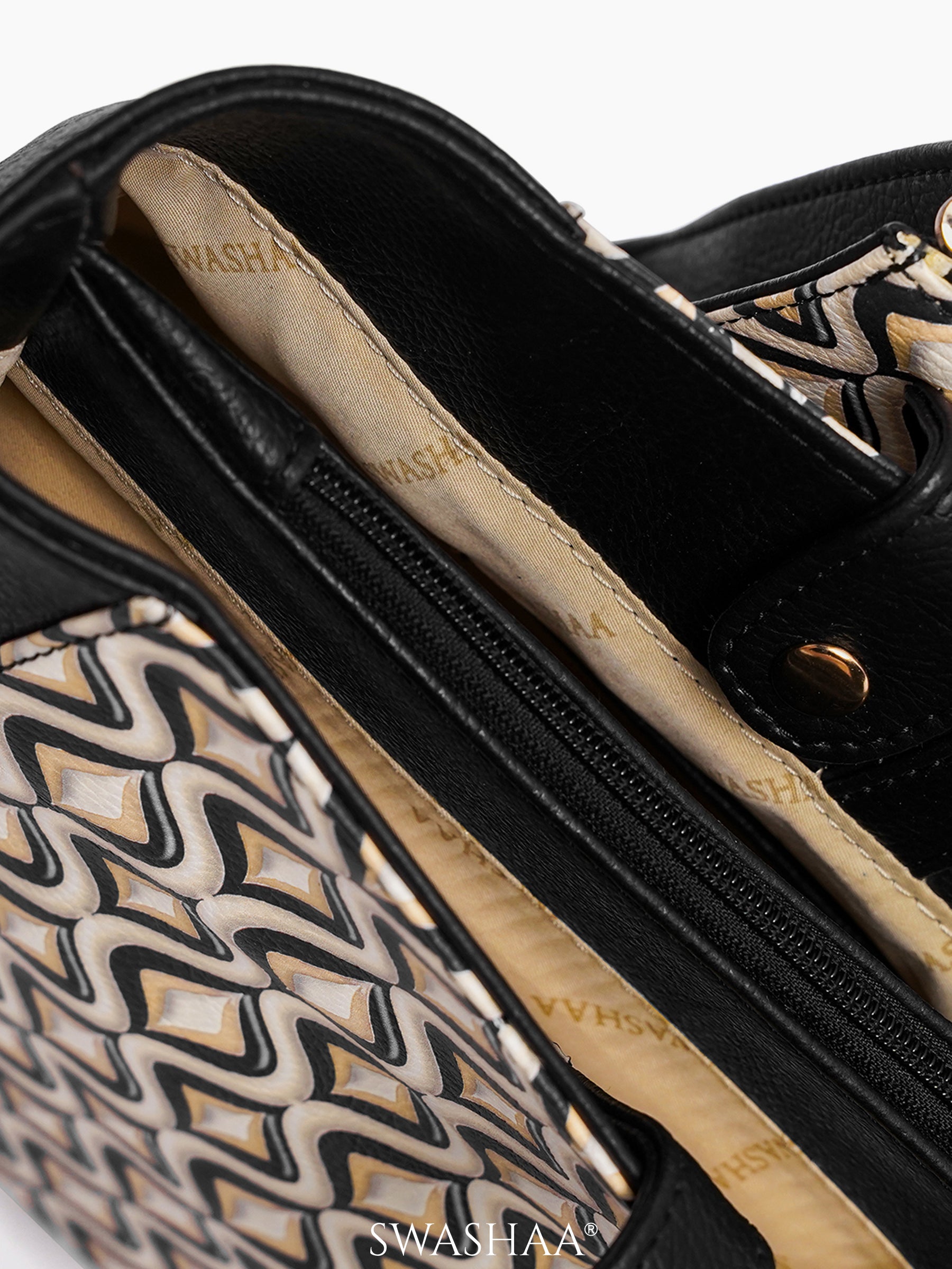 Opal Black Beige Geo Pattern Women's Leather Tote Bag