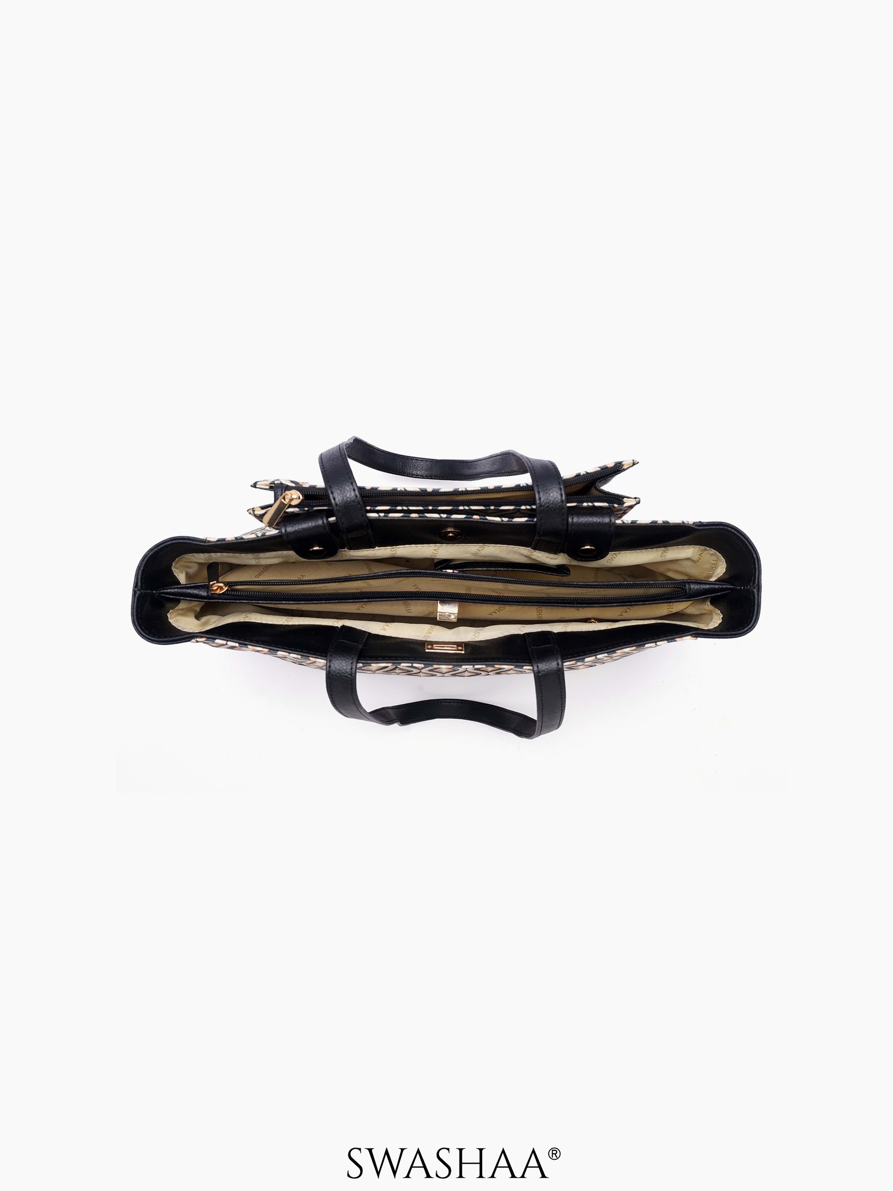 Opal Black Beige Geo Pattern Women's Leather Tote Bag