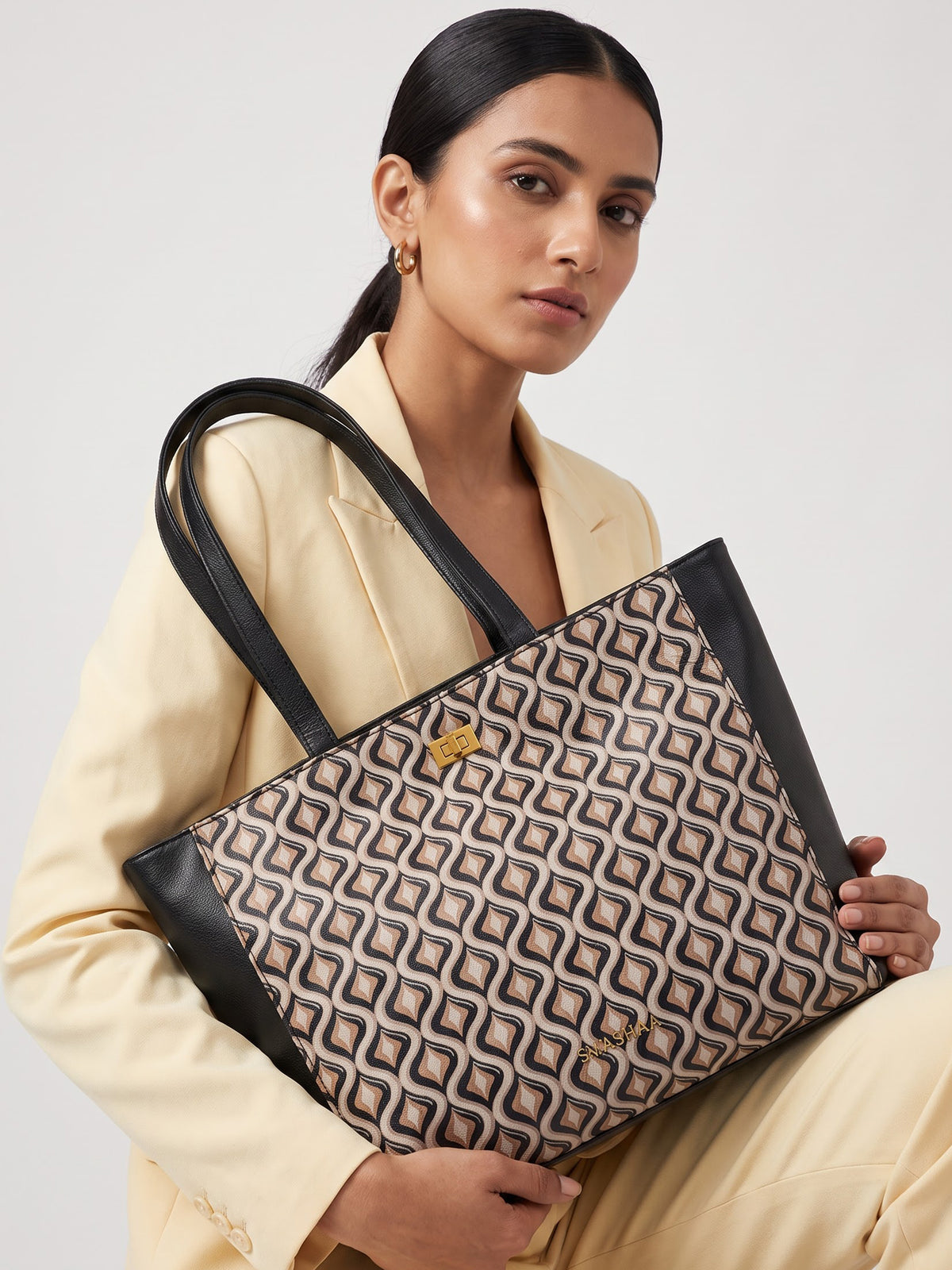 Opal Black Beige Geo Pattern Women's Leather Tote Bag