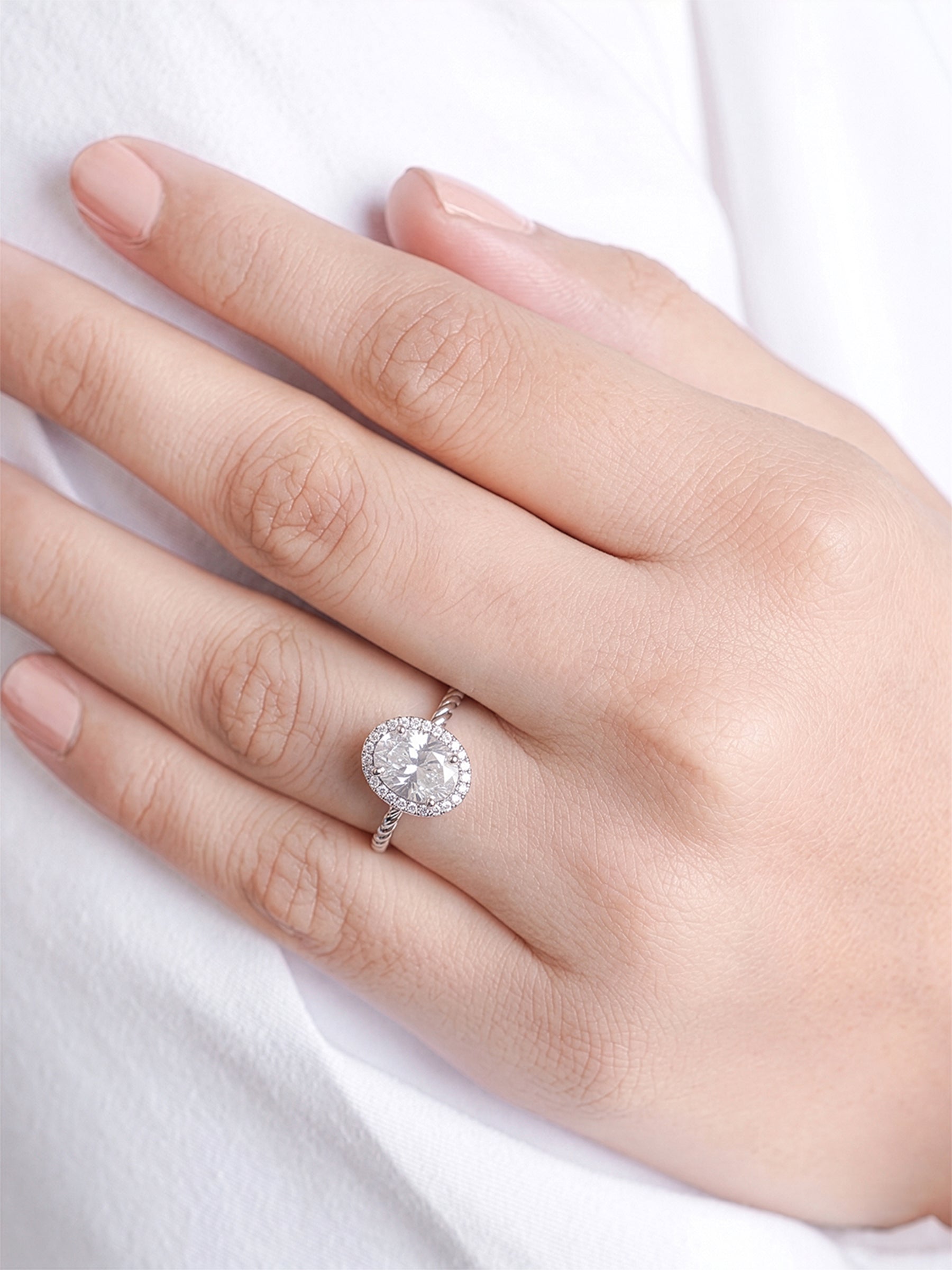 Opaline Oval Silver Diamond Solitaire Twisted Rope Women's Ring