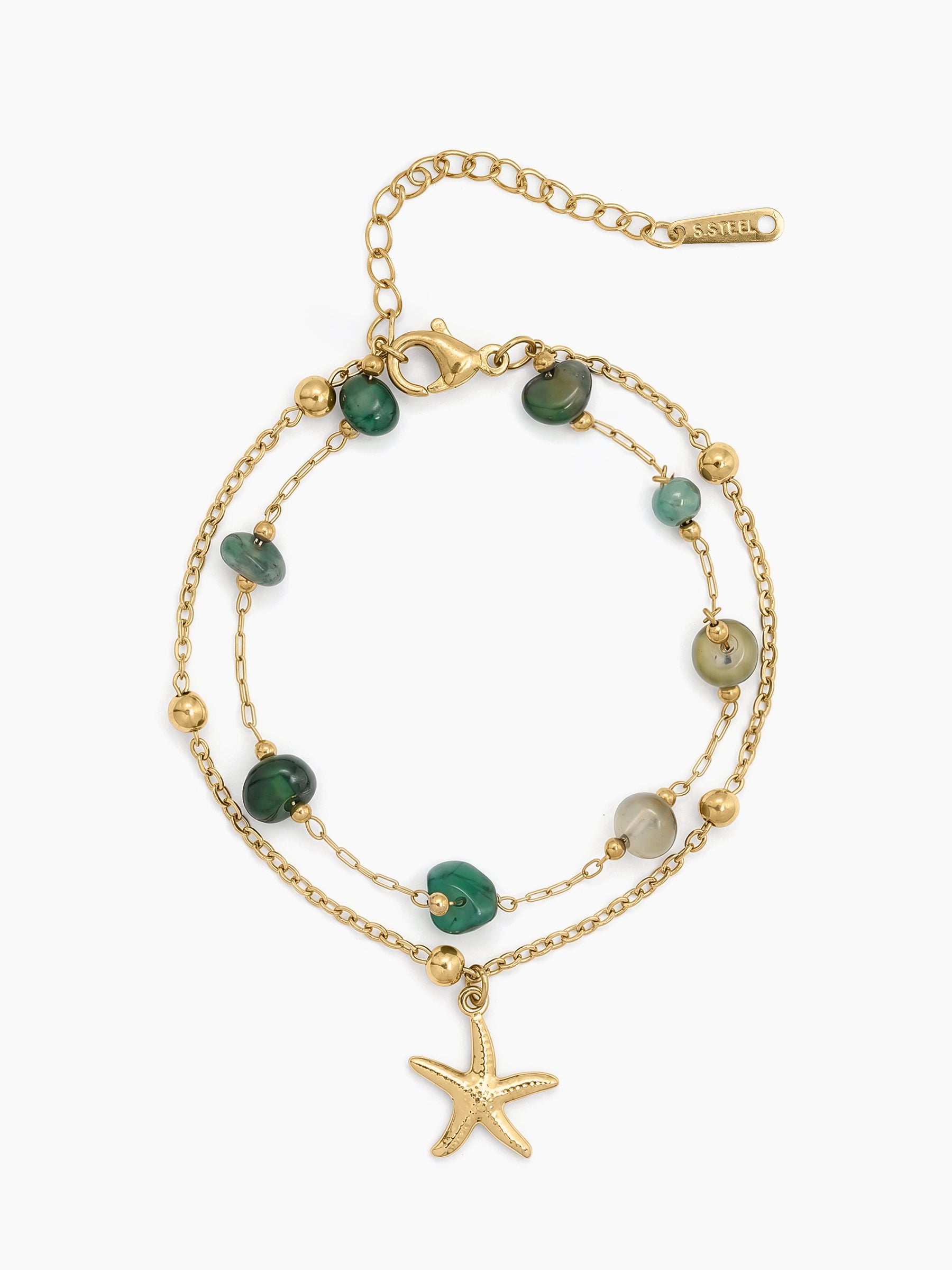 Orabelle Starfish Green Beads 18K Gold Plated Women's Layered Chain Bracelets