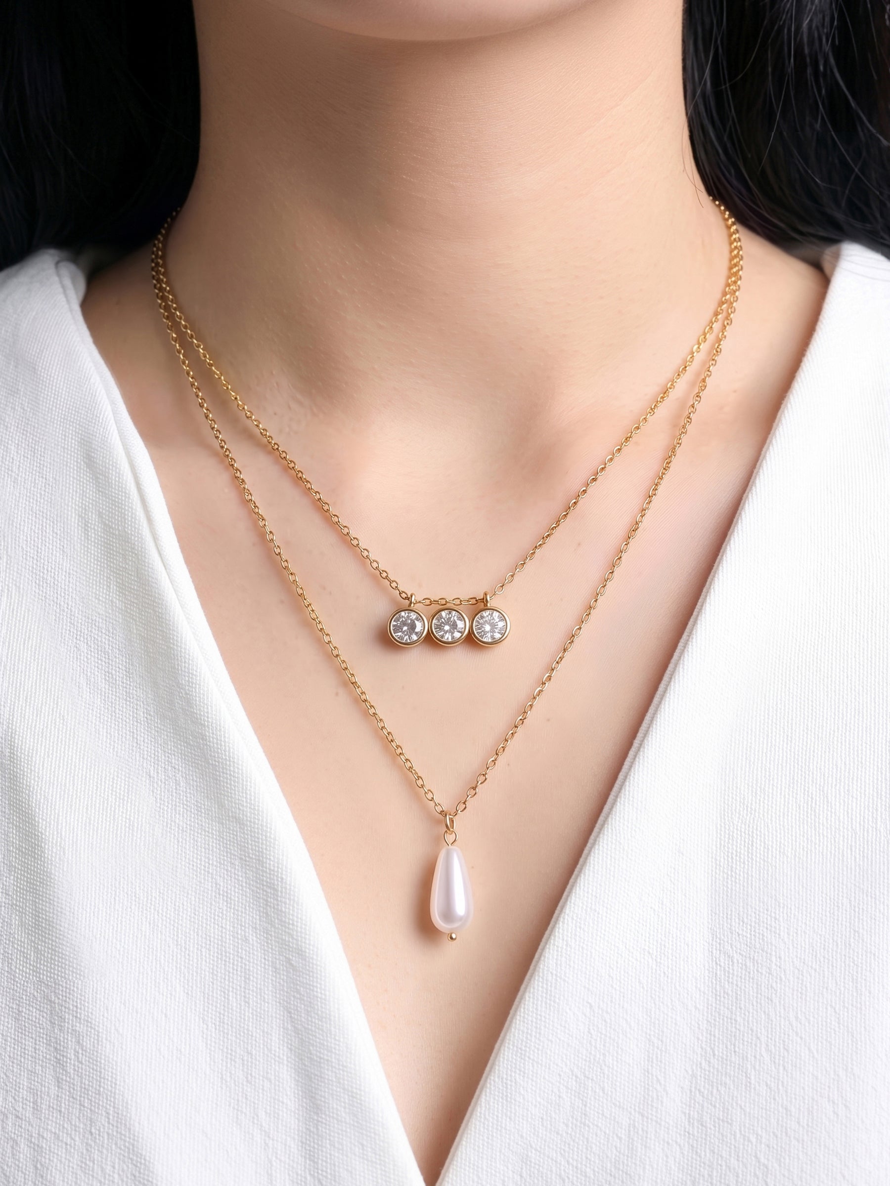 Orelina Diamond Pearl Drop Charms 18K Gold Plated Women's Layered Necklace