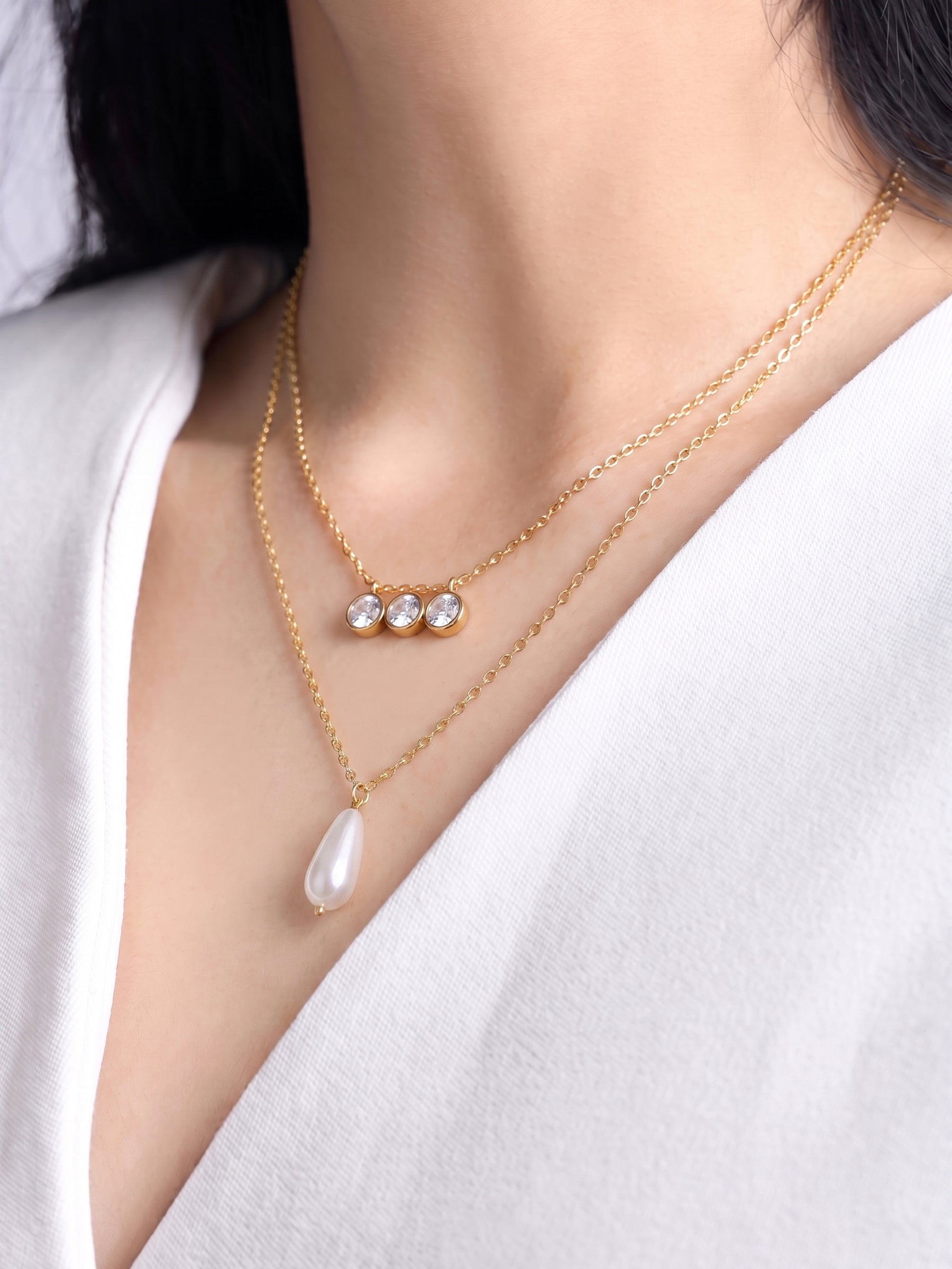 Orelina Diamond Pearl Drop Charms 18K Gold Plated Women's Layered Necklace