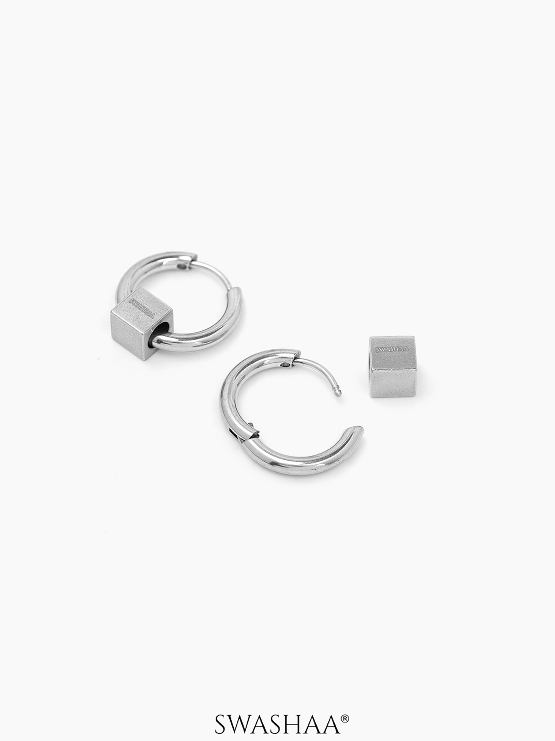 Orin Cube Charm Silver Men's Hoop Earrings