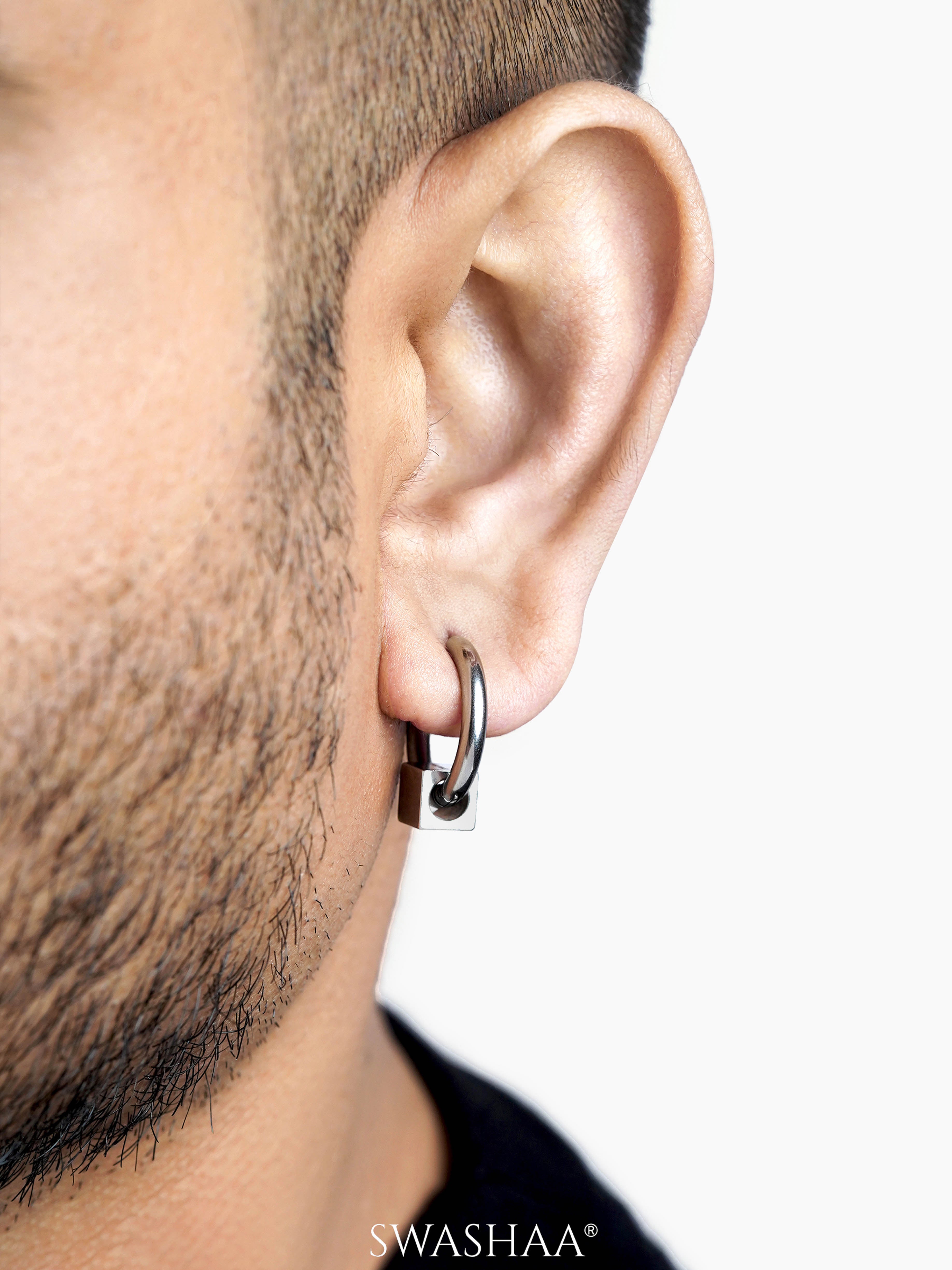 Orin Cube Charm Silver Men's Hoop Earrings