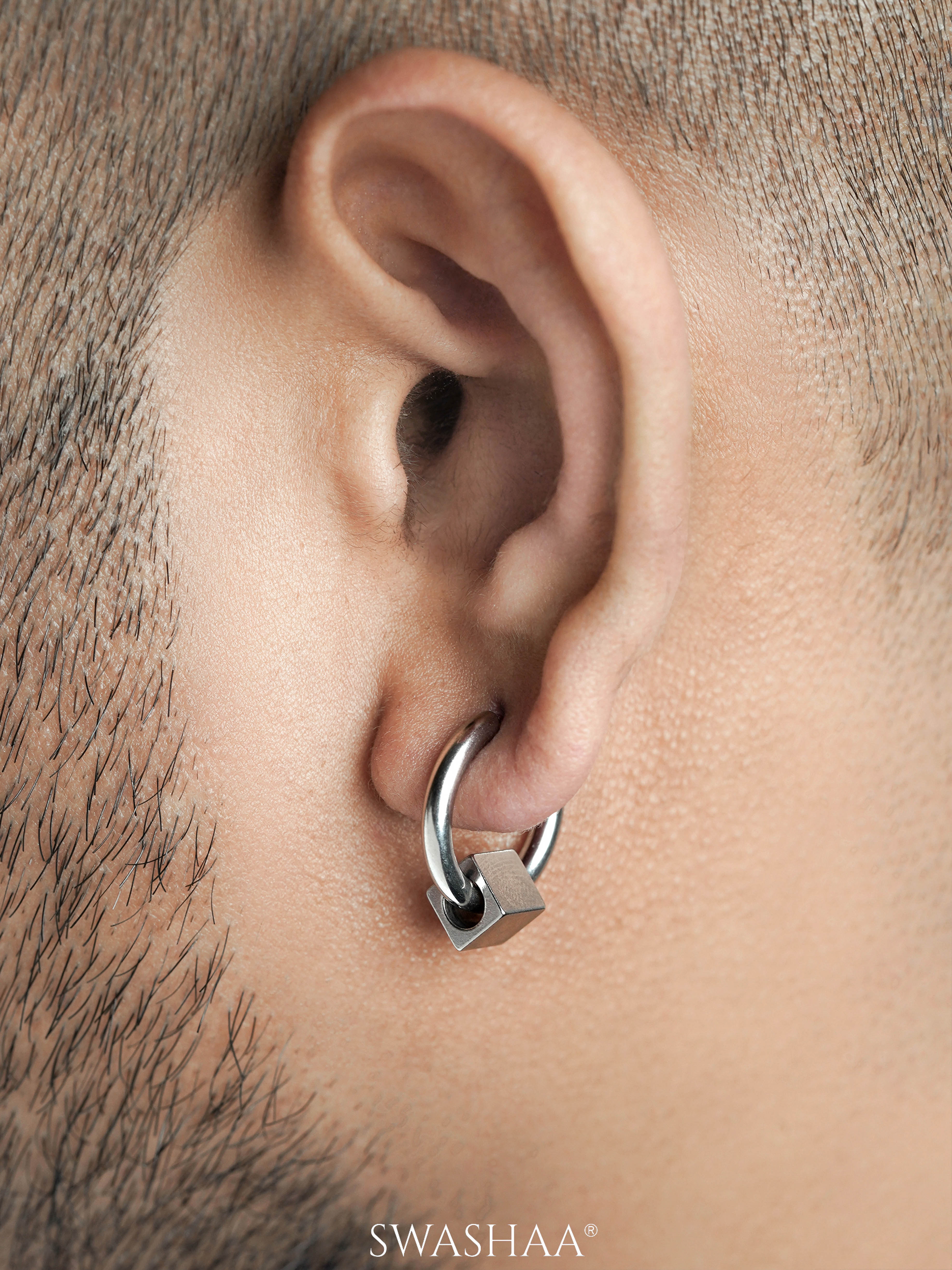 Orin Cube Charm Silver Men's Hoop Earrings