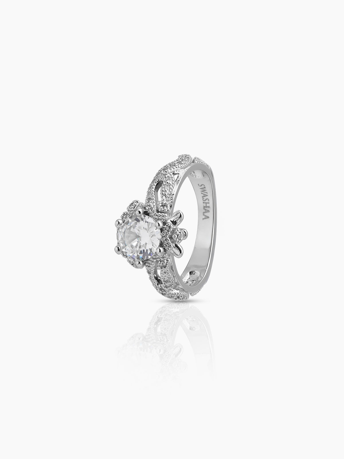Orlina Floral Silver Diamond Solitaire Women's Ring