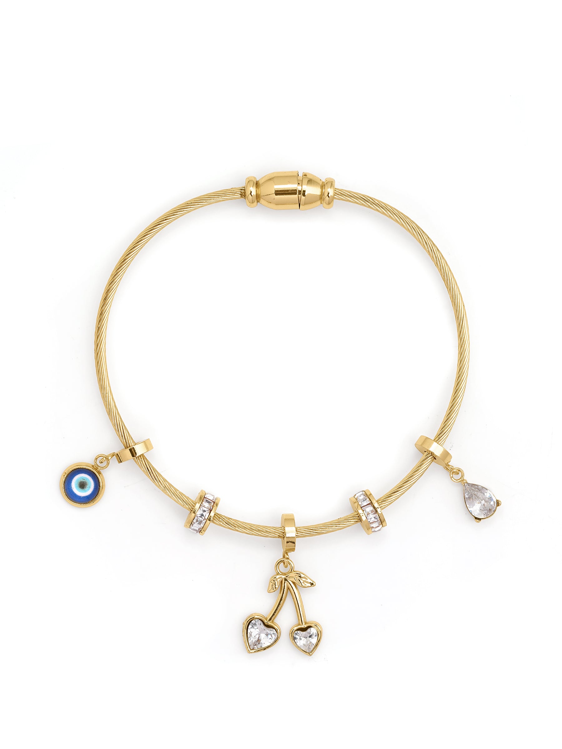 Orsina Evil Eye Heart Drop Diamond Charms 18K Gold Plated Women's Solid Band Bracelet