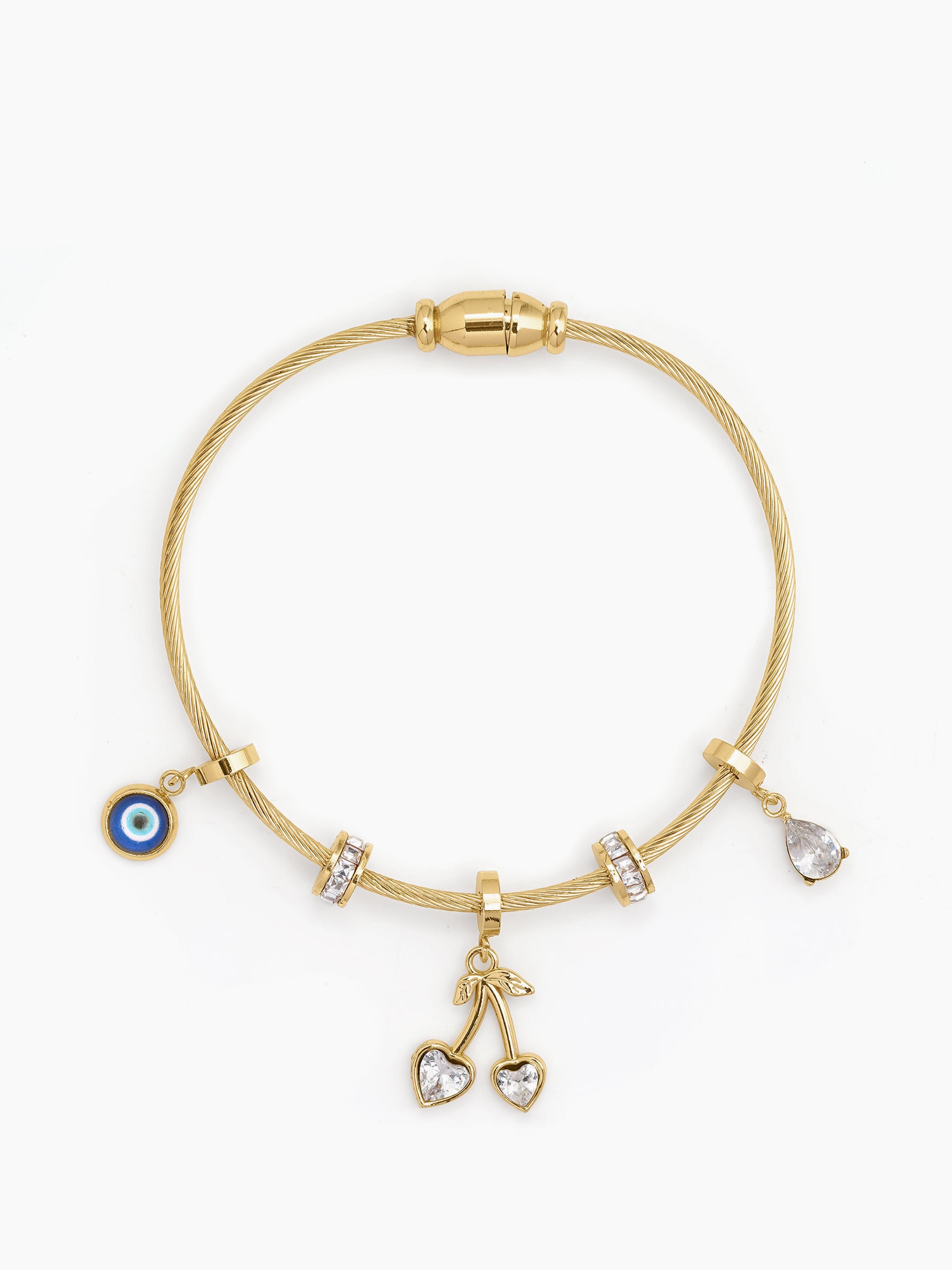 Orsina Evil Eye Heart Drop Diamond Charms 18K Gold Plated Women's Solid Band Bracelet