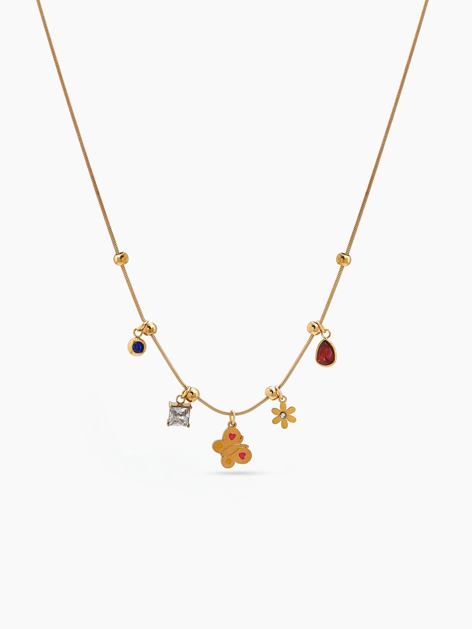 Palmina Beads Butterfly Flower Diamond Charms 18K Gold Plated Women's Chain Pendant Necklaces