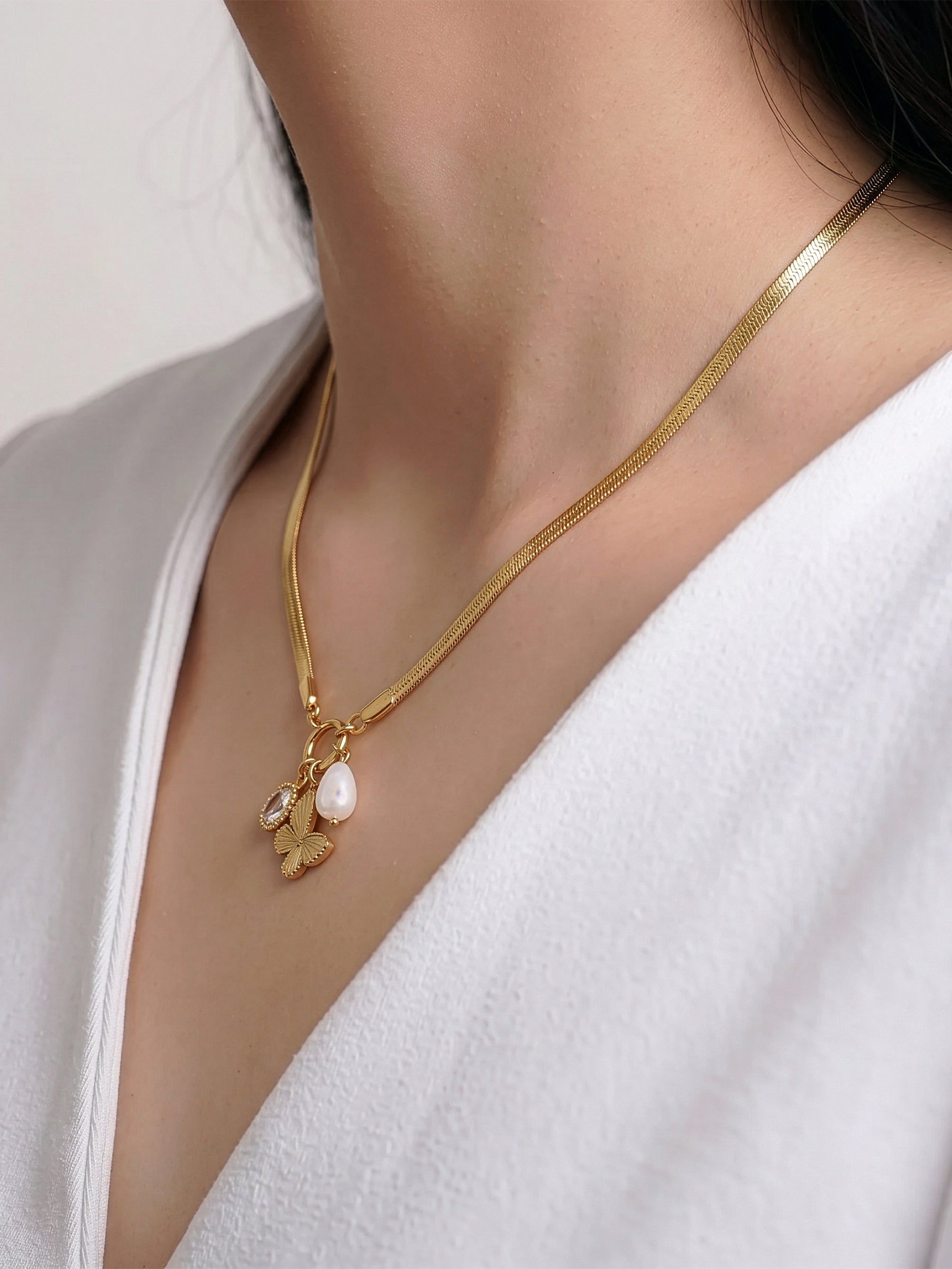 Pearlina Dangling Charms Butterfly, Pearl Drop 18K Gold Plated Women's Necklace