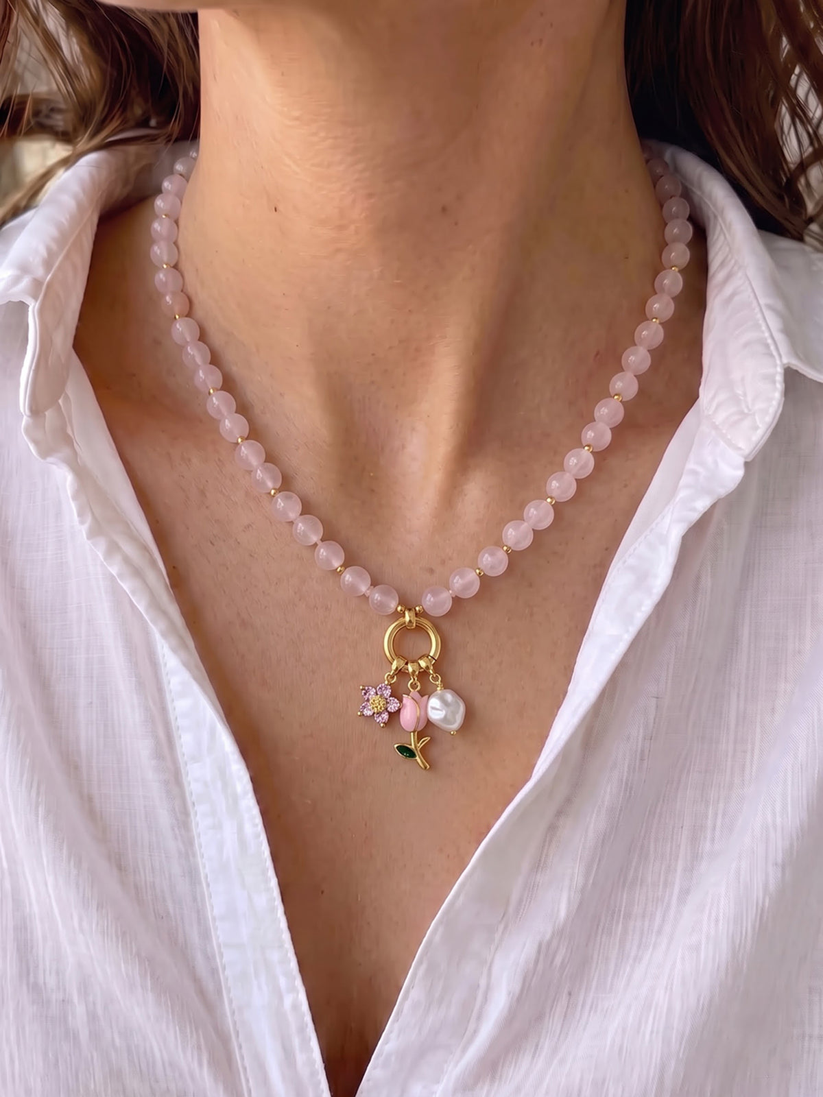 Petalia Tulip Floral Pearl Charms 18K Gold Plated - Pink Women's Beaded Chain Pendant Necklace