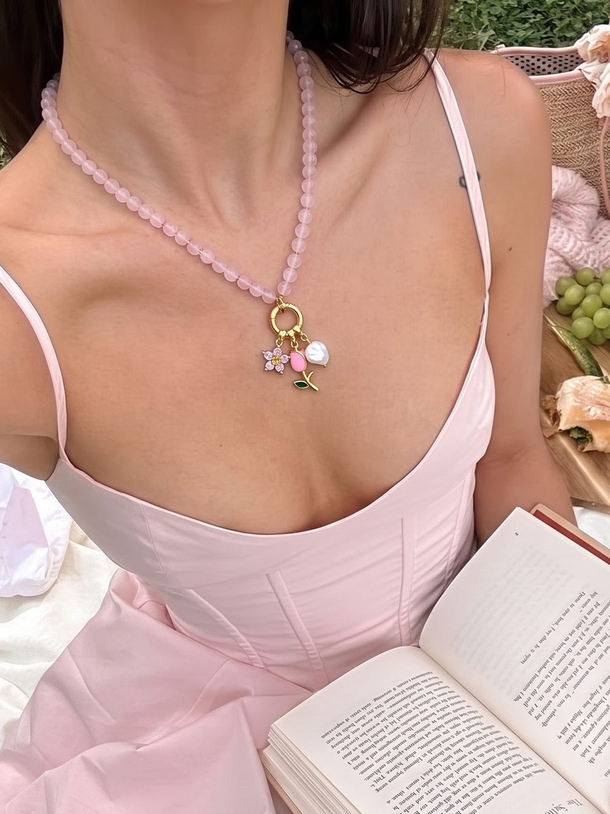 Petalia Tulip Floral Pearl Charms 18K Gold Plated - Pink Women's Beaded Chain Pendant Necklace