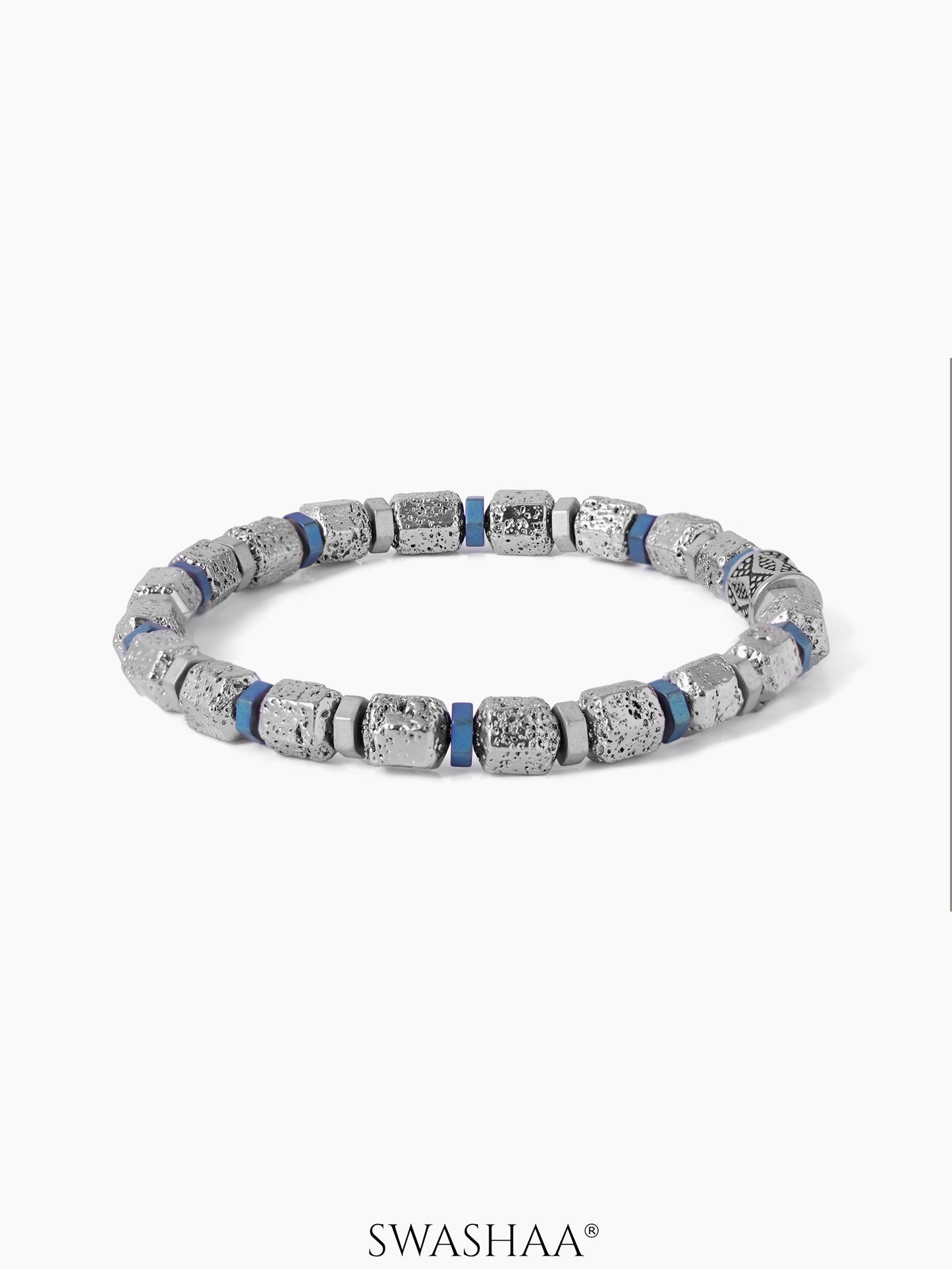 Pete Textured Cube Beads Metallic Blue Spacers Silver Men's Bracelet