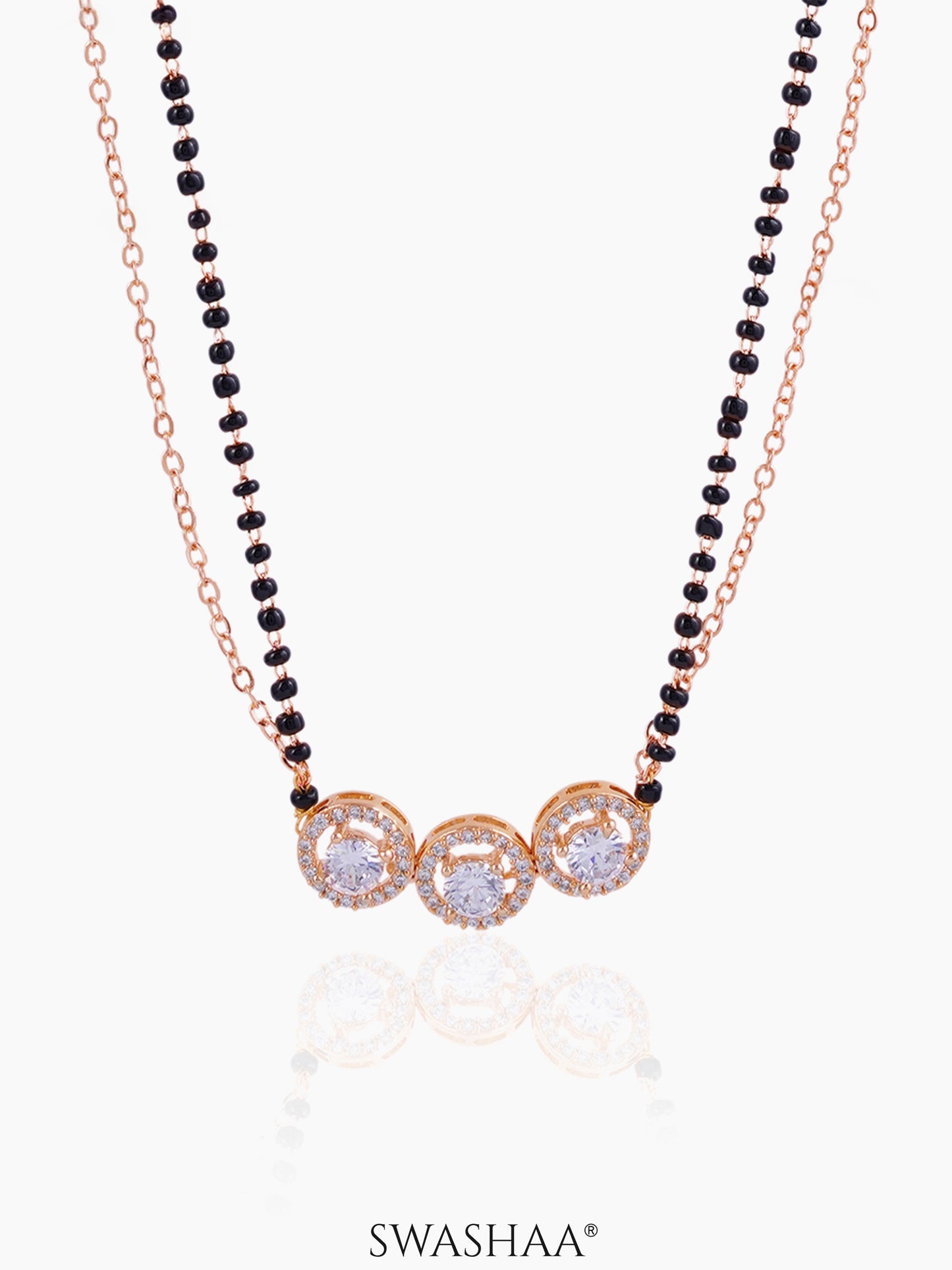 Pihu Three Round CZ Stones Layered Rosegold Plated Mangalsutra