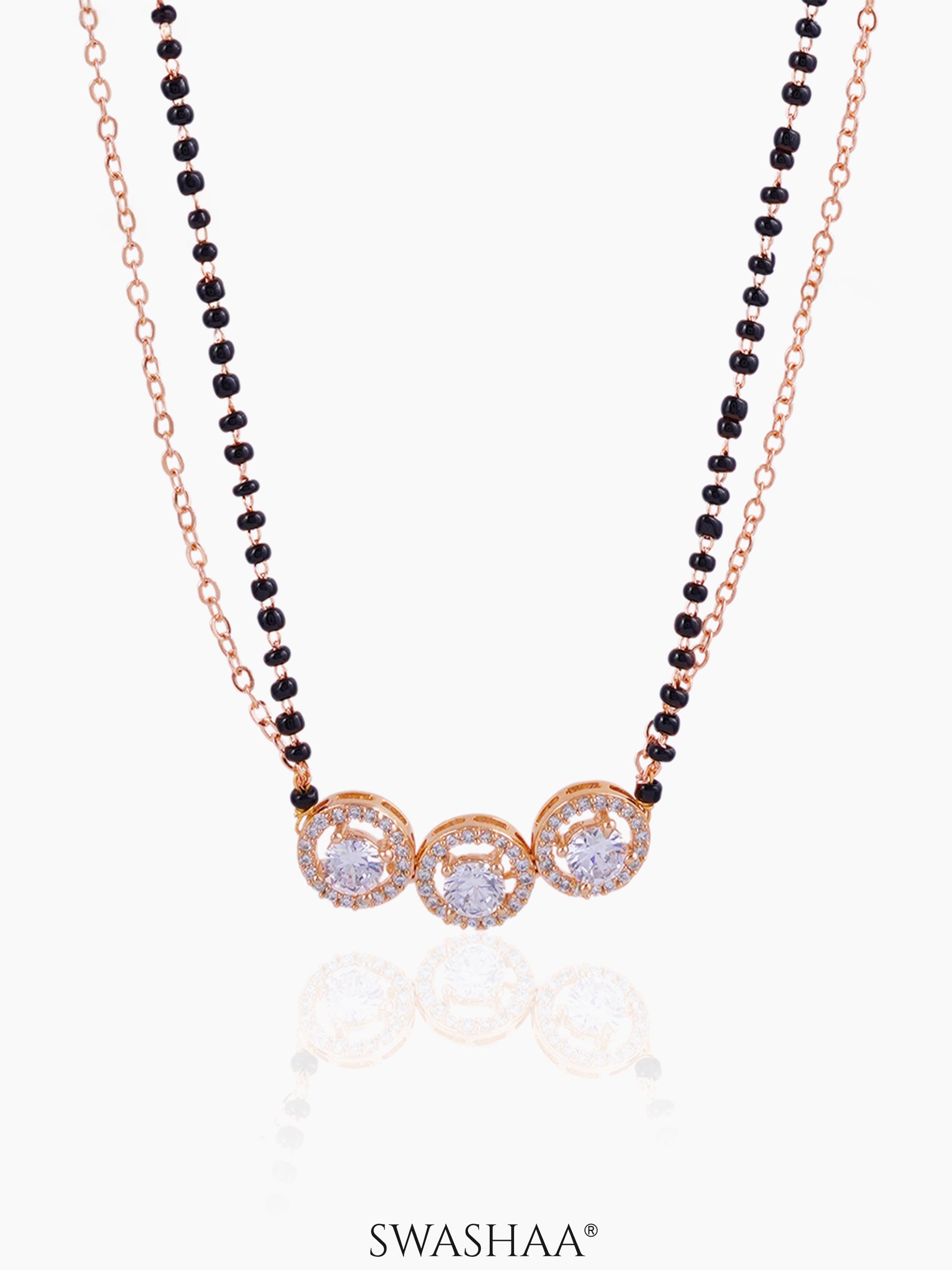 Pihu Three Round CZ Stones Layered Rosegold Plated Mangalsutra
